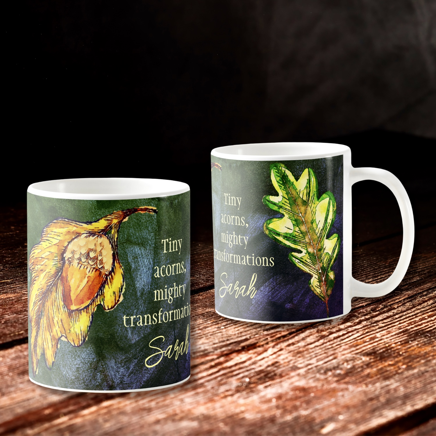 Acorn Fall Colors Inspirational Coffee Mug - A bold design featuring lime and golden dry leaves, brightly painted golden and orange acorns, arranged as a collage on a dark hunter green washed-out surface. Customizable quote: 'Tiny acorns, mighty transformations' - personalize with your own quote or name. Two custom fields for personalized messages or names. Enjoy your morning brew in style with this stunning and customizable coffee mug.