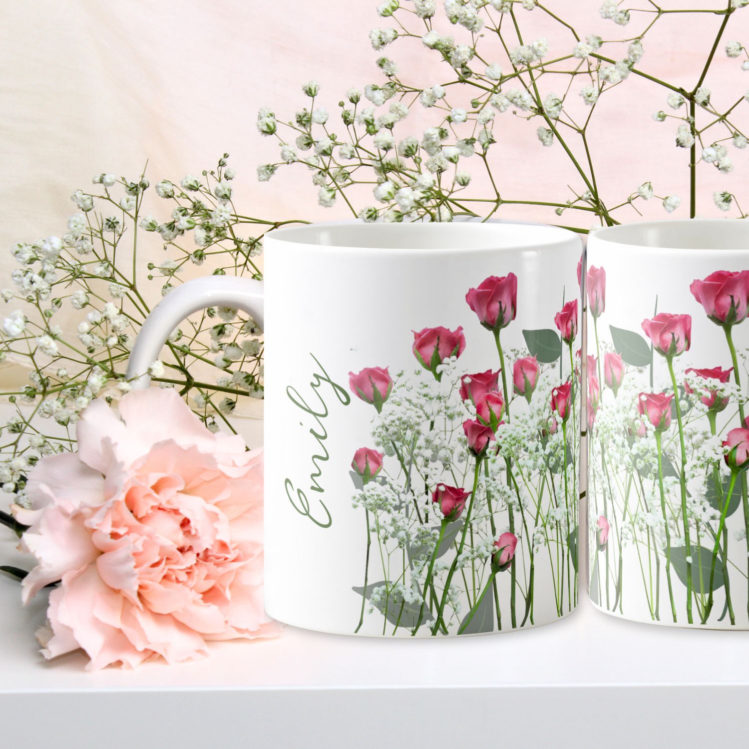 Two pink roses mugs with personalization space for name and inspirational message. Romantic style.