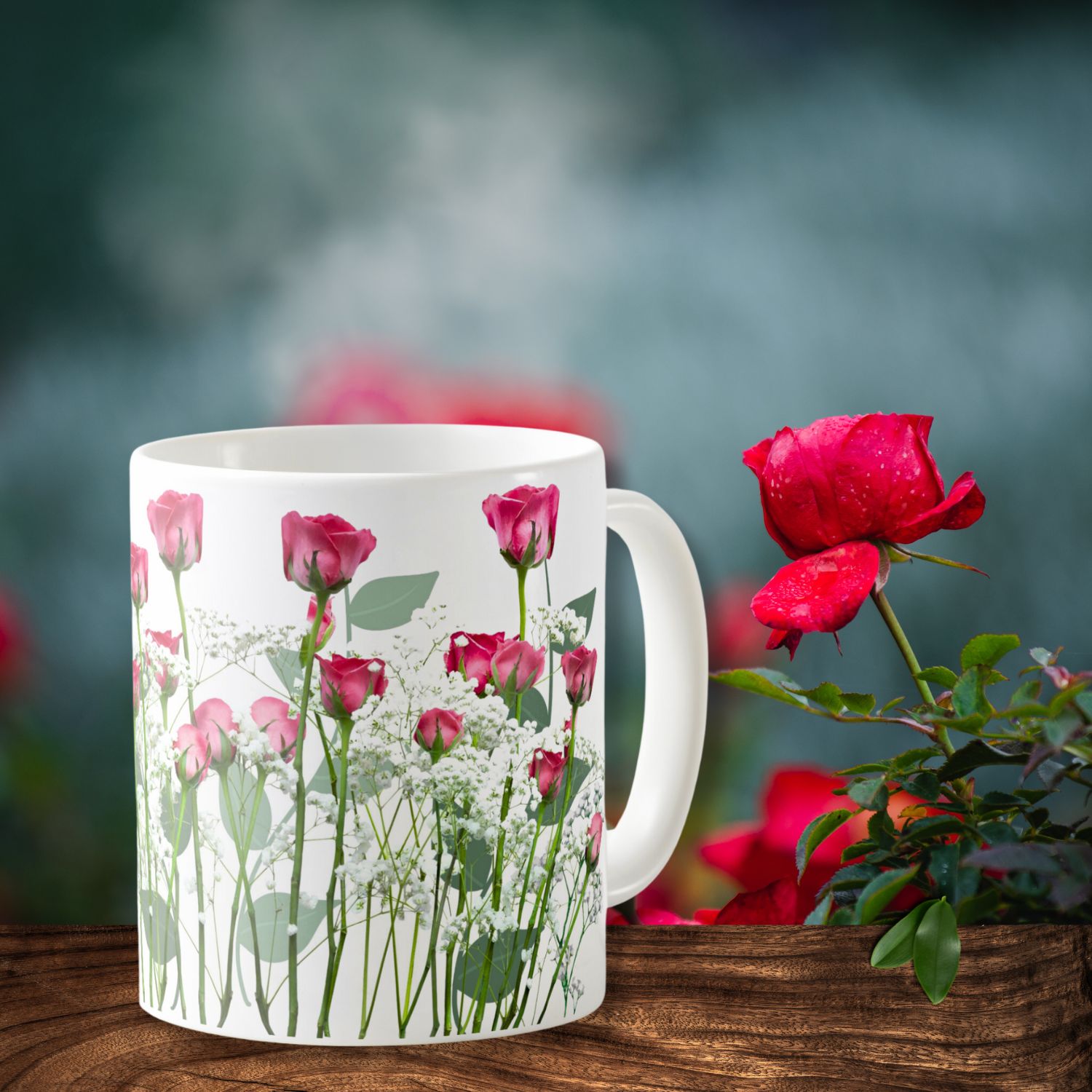 Coffee mug decorated with pink roses with green stems on a white background. Design part of a personalizable coffee mug.