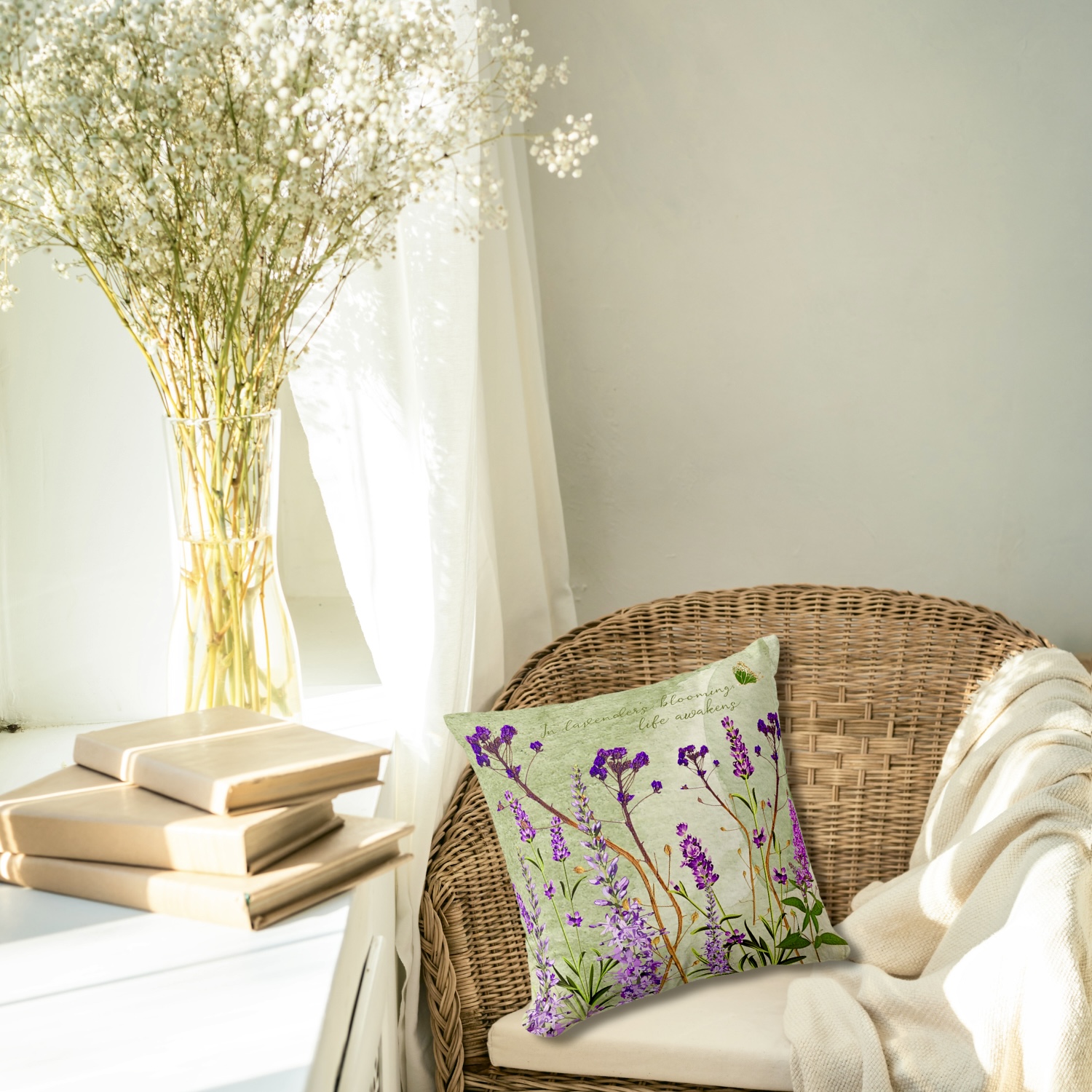 Lavender throw pillow with inspirational quote. A soft lavender throw pillow featuring a delicate floral design and an uplifting quote. The pillow adds a touch of elegance and inspiration to any home decor. Perfect for couches, beds, or reading chairs. Enhance your space with this soothing and motivational accent piece.