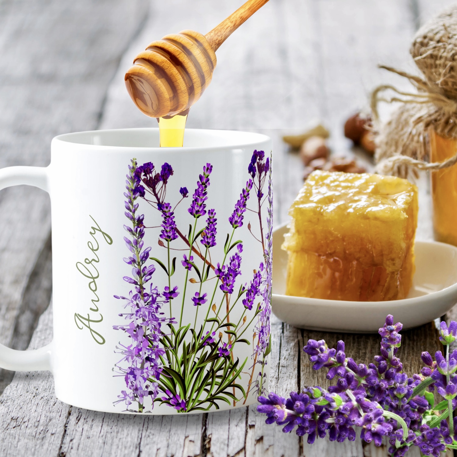 Side view of a beautiful floral coffee mug with lavender blooms, showcasing its elegant design and vibrant colors.