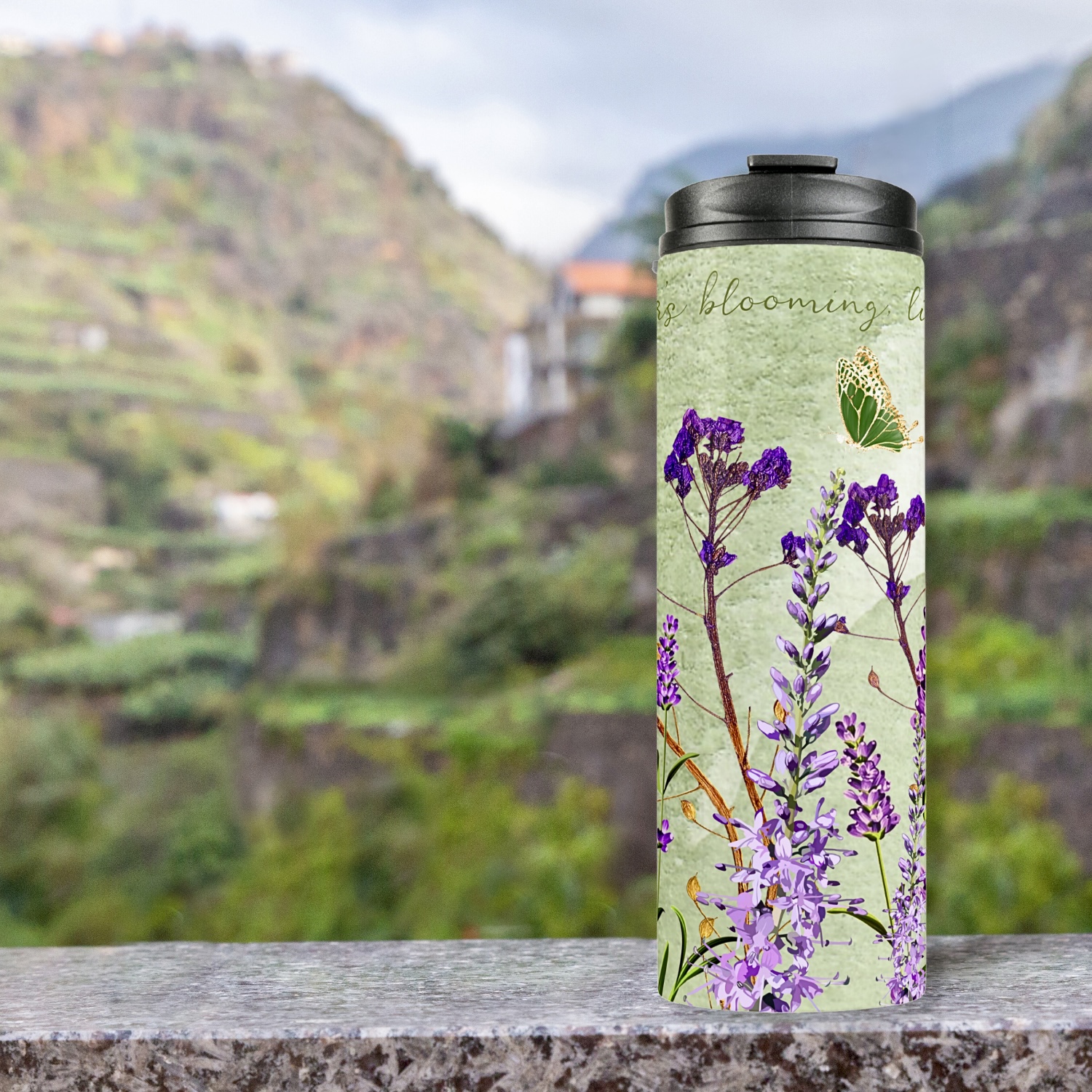 Personalized thermal tumbler featuring lavender flowers and a beautiful green and golden butterfly.