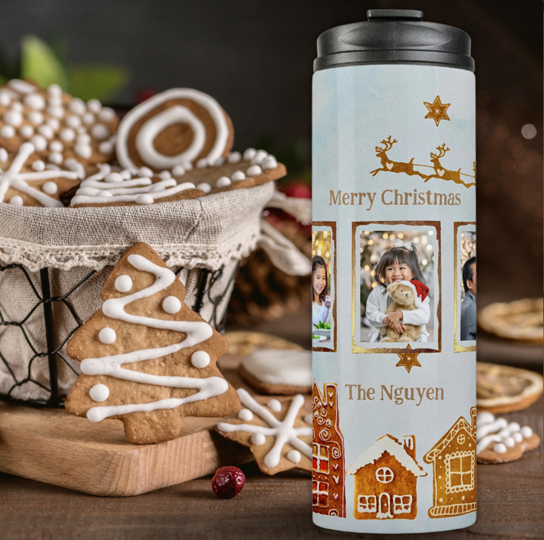 Gingerbread cookies and blue travel tumbler