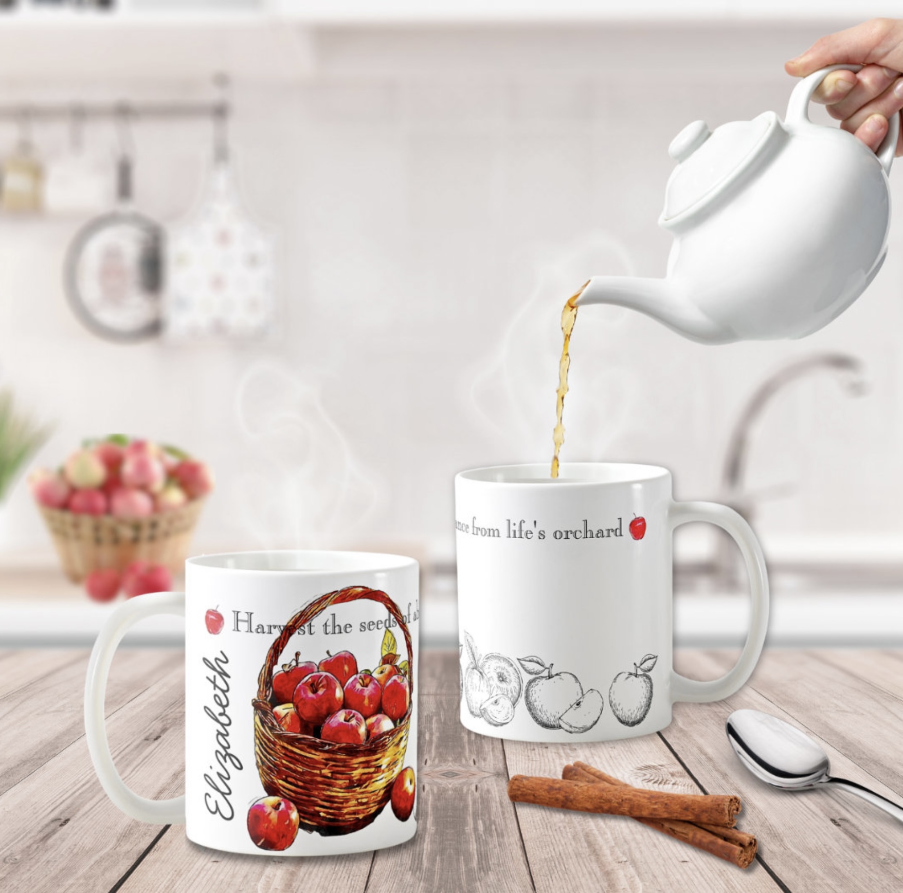 Two sided red apples mug with inspirational quote.