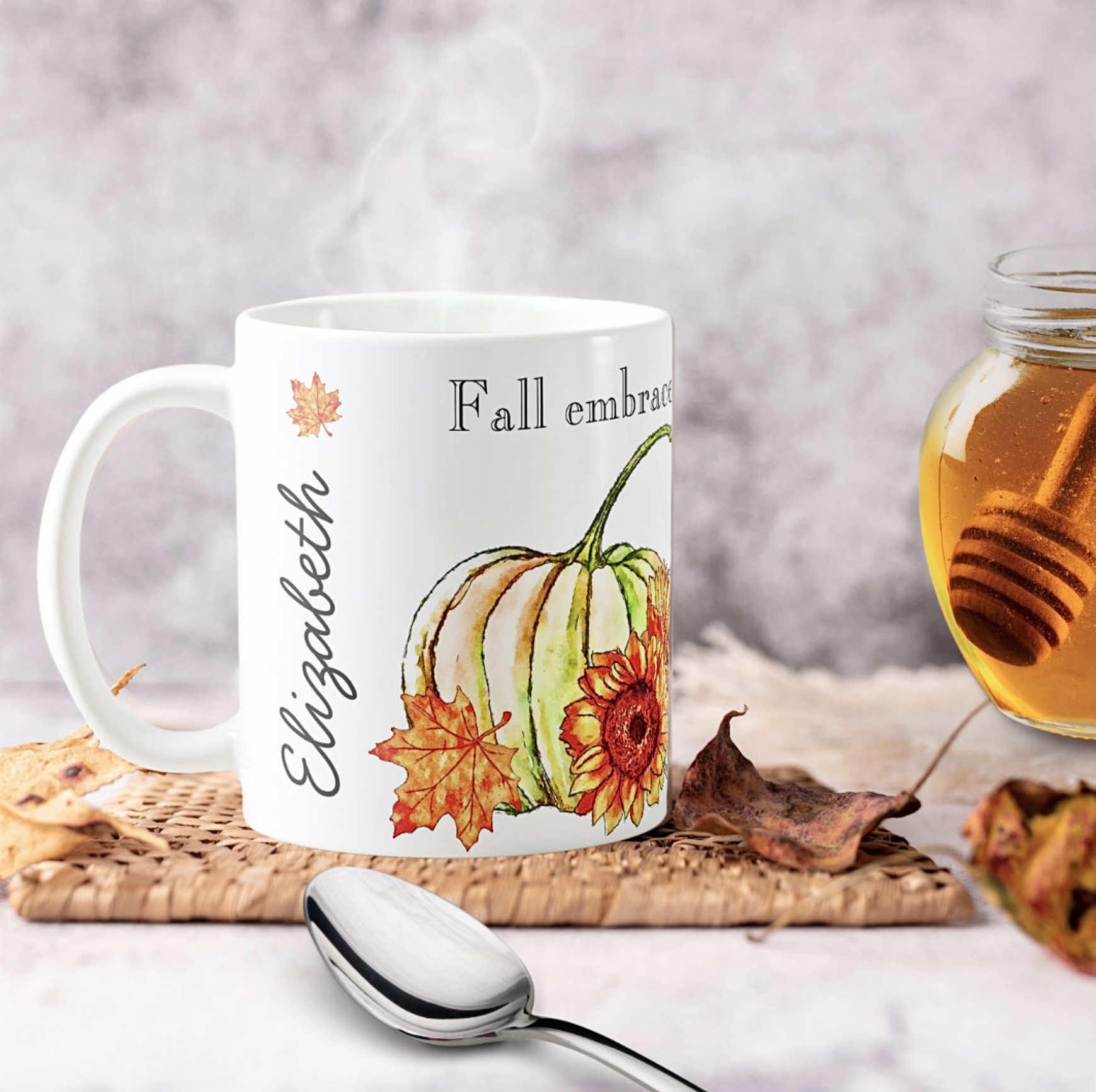 White mug with colorful pumpkin and sunflower