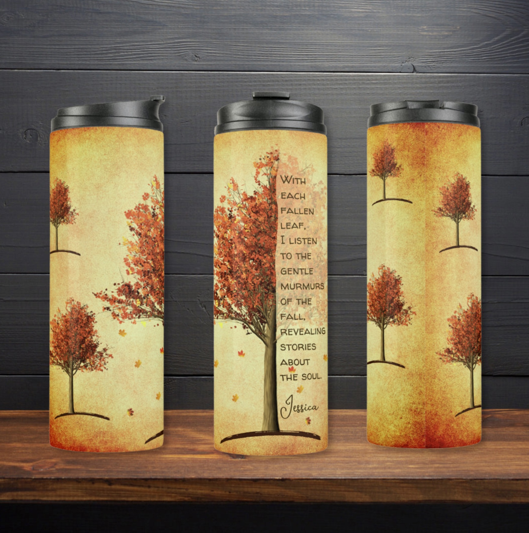 Three yellow tumblers with red maple trees and inspirational quote.