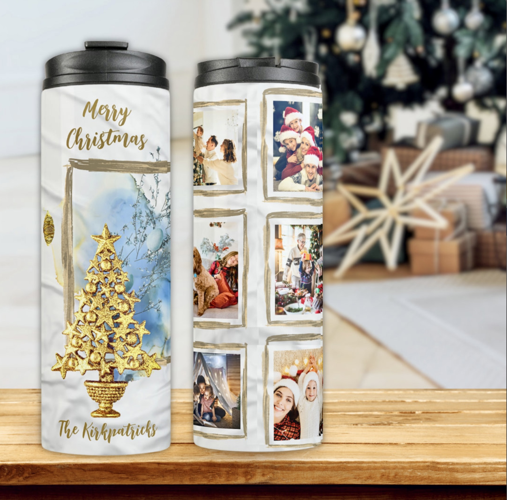 Two thermal tumblers. Left one with golden Christmas tree on blue background. Second one with six photos template.