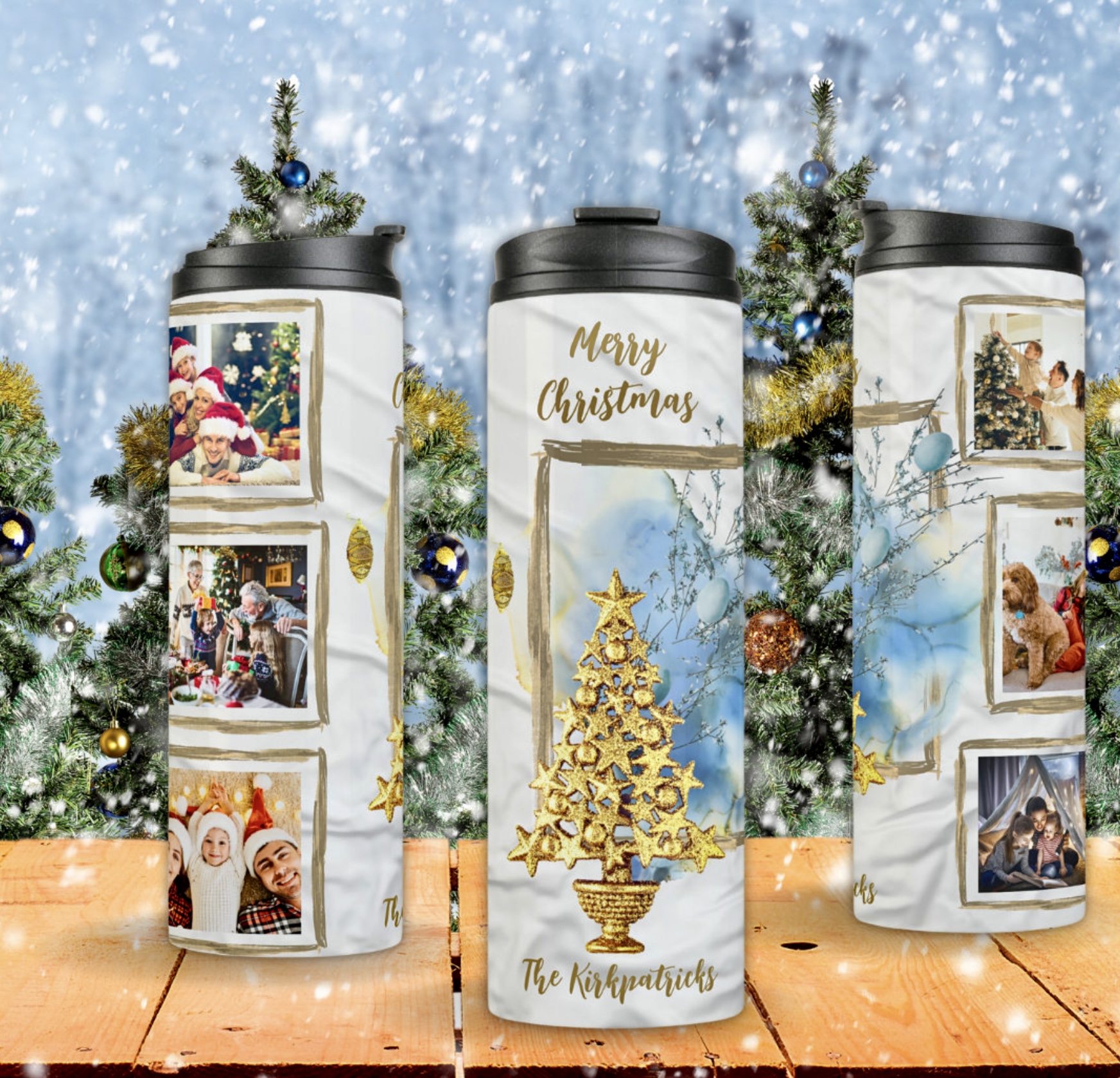 Three thermal tumblers with golden Christmas tree on blue background, and six photo template.