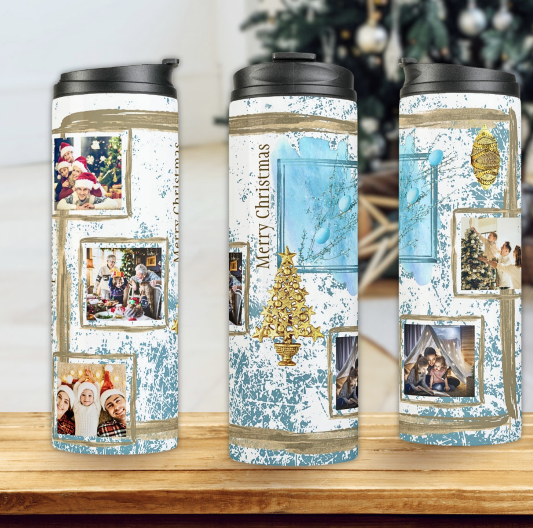 Three blue and white Christmas tumblers with gold and blue tones and photo templates. 