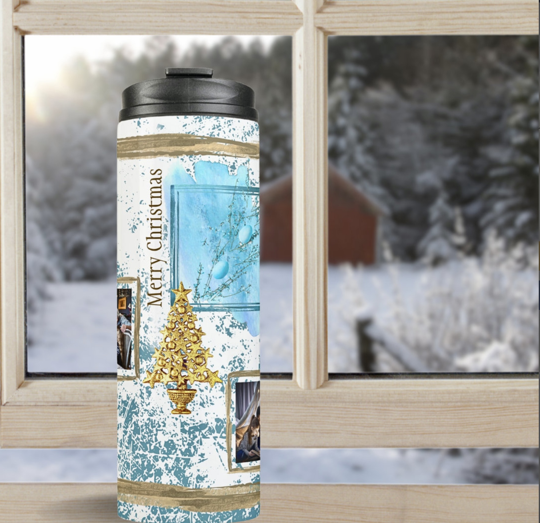 Thermal tumbler with golden Christmas tree and photo template. 