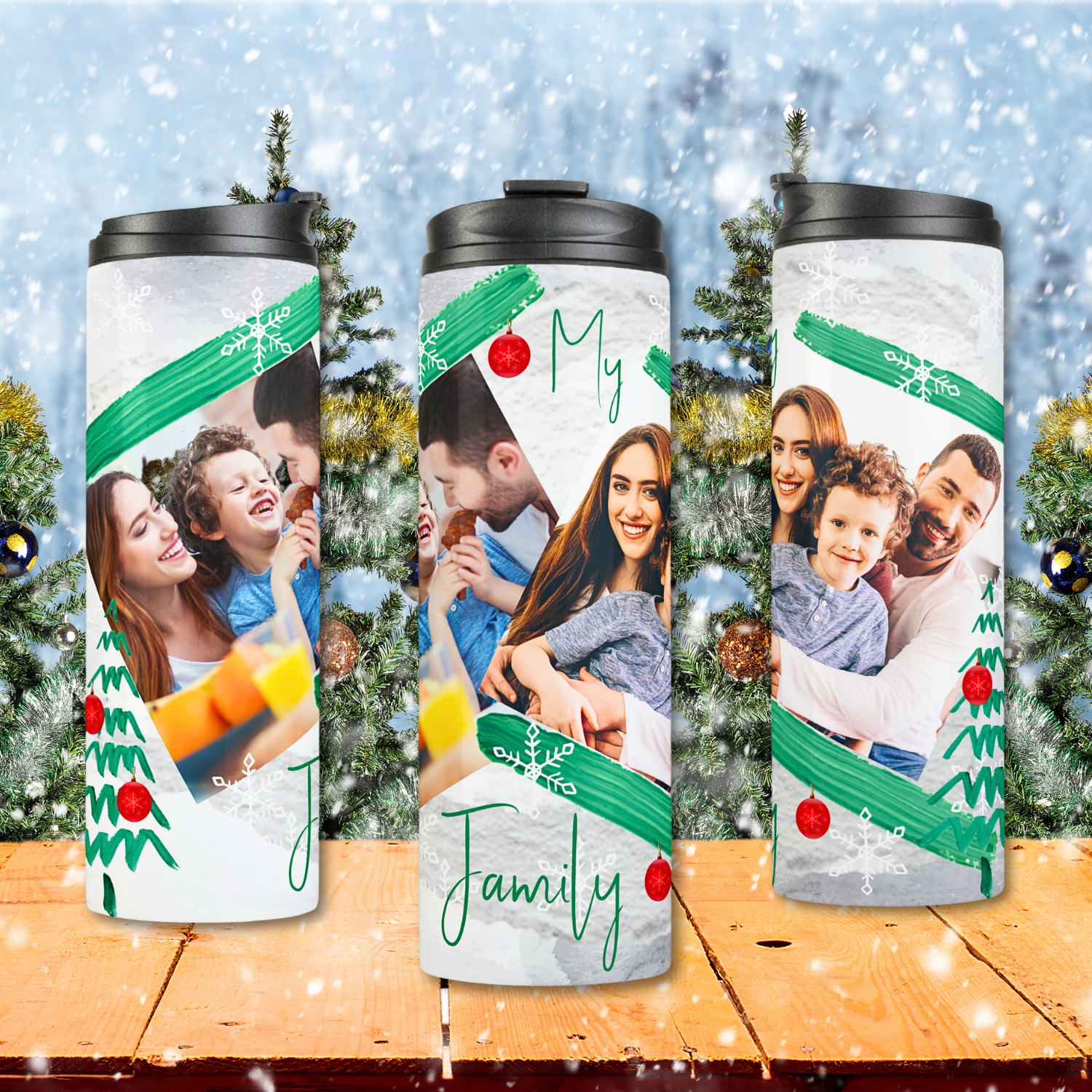 Three sided view of a Christmas photo template tumbler in white, green and red colors, with a snowy background.