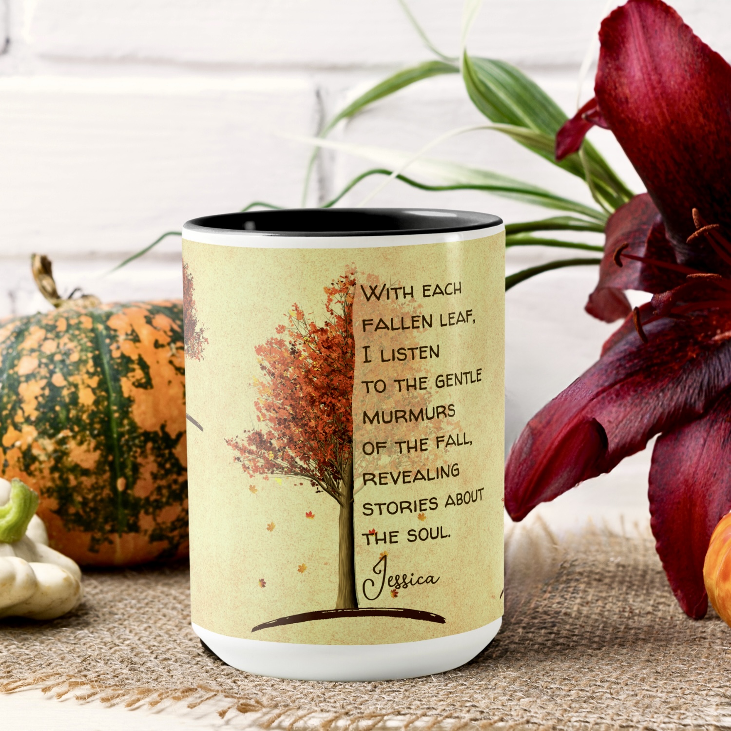 Red maple tree mug with inspirational quote.