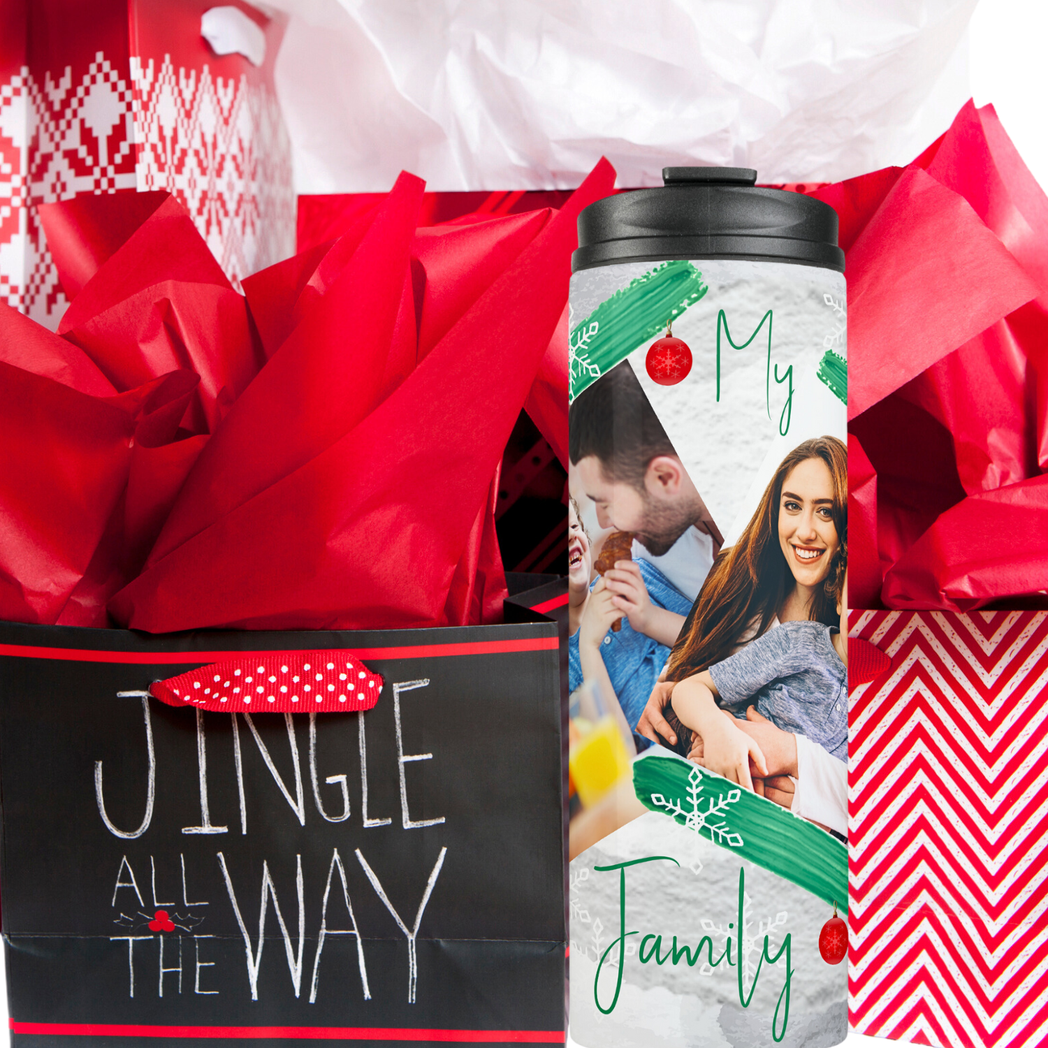 Two photo template white, green and red Christmas tumbler with red gift boxes behind