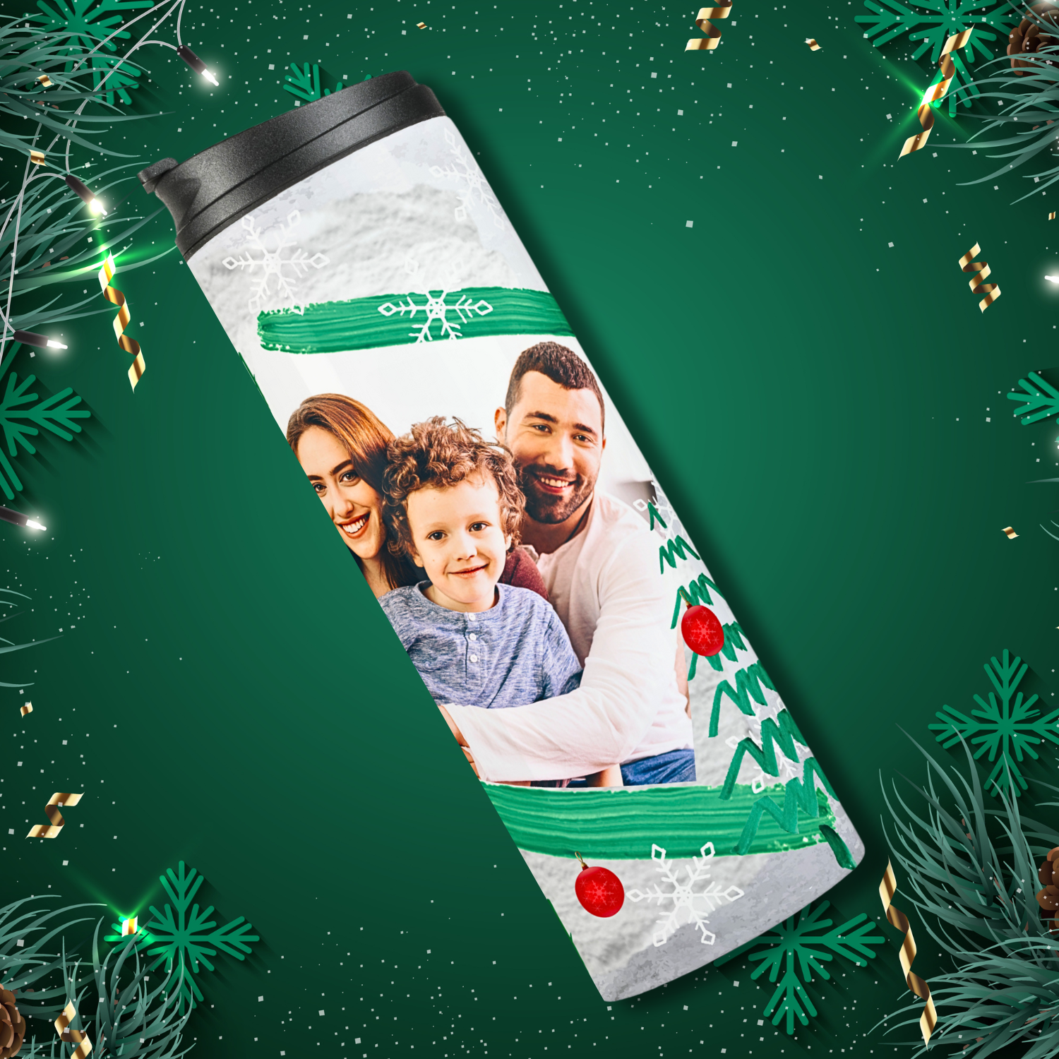 Side view of a Christmas tree tumbler with a two photo template