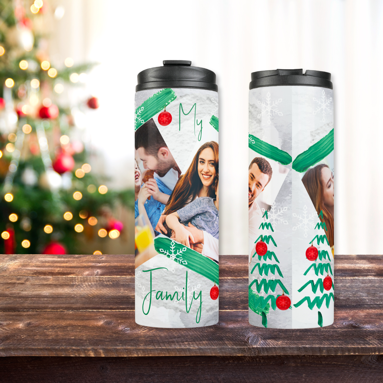 Front and back view of a green, white and red Christmas photo tumbler.