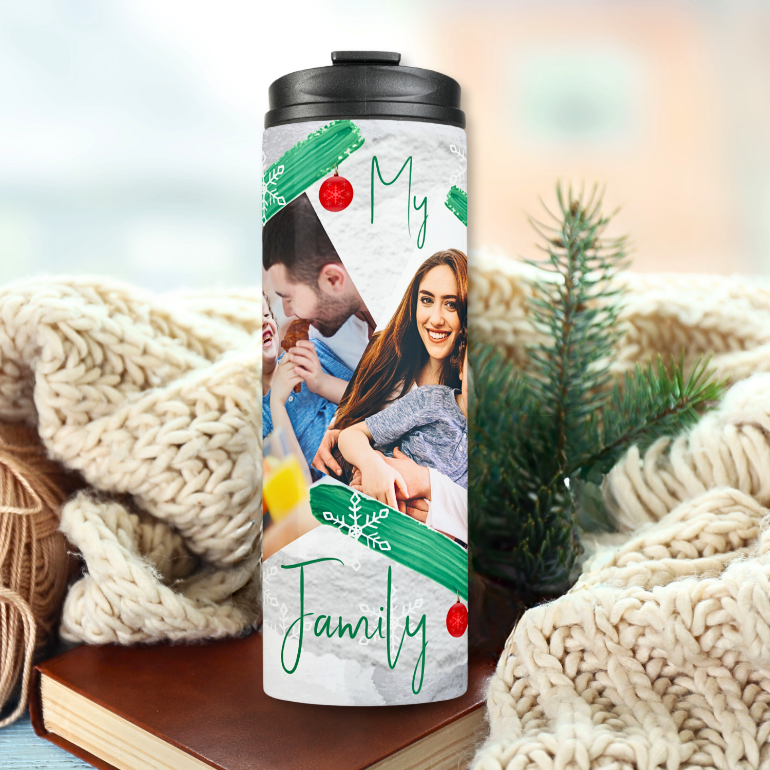 Thermal tumbler with green and red Christmas ornaments and two photo frames