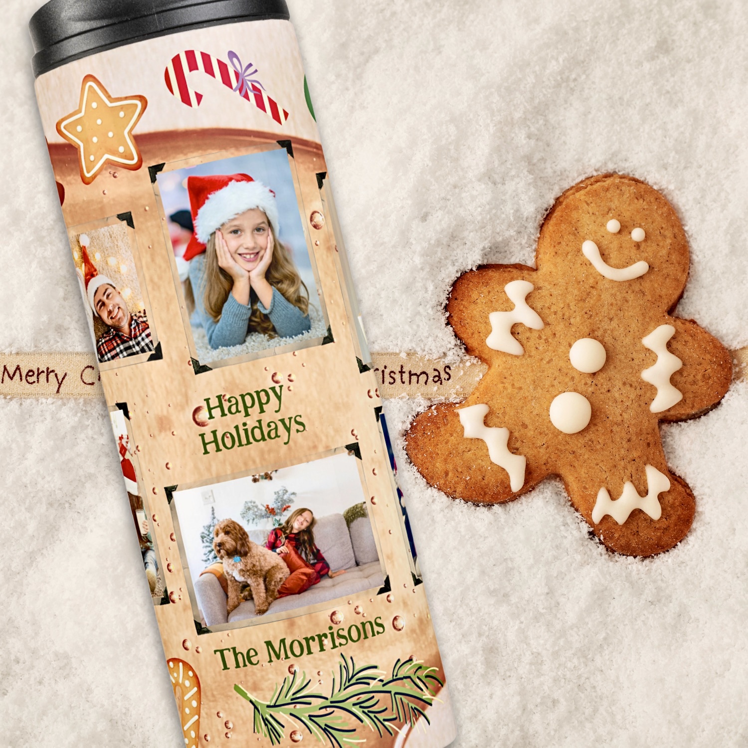 Beige thermal tumbler with ginger cookies and sugar cane illustrations, and photo templates.