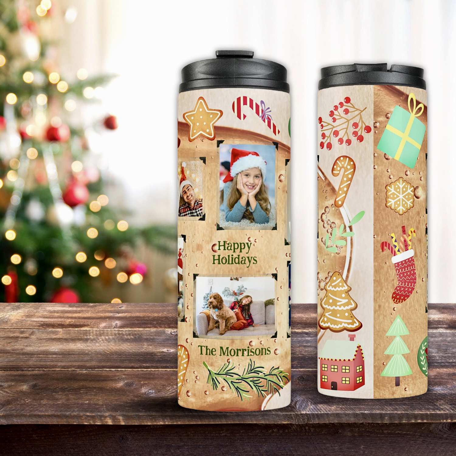 Two beige Christmas thermal tumblers with ginger cookies and pictures.