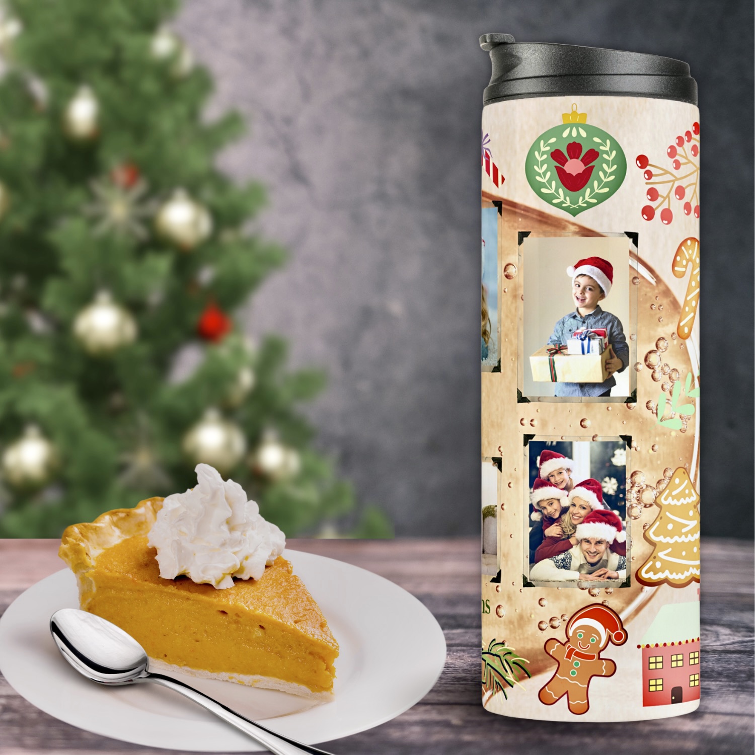 Honey color thermal tumbler with pictures and ginger cookies.