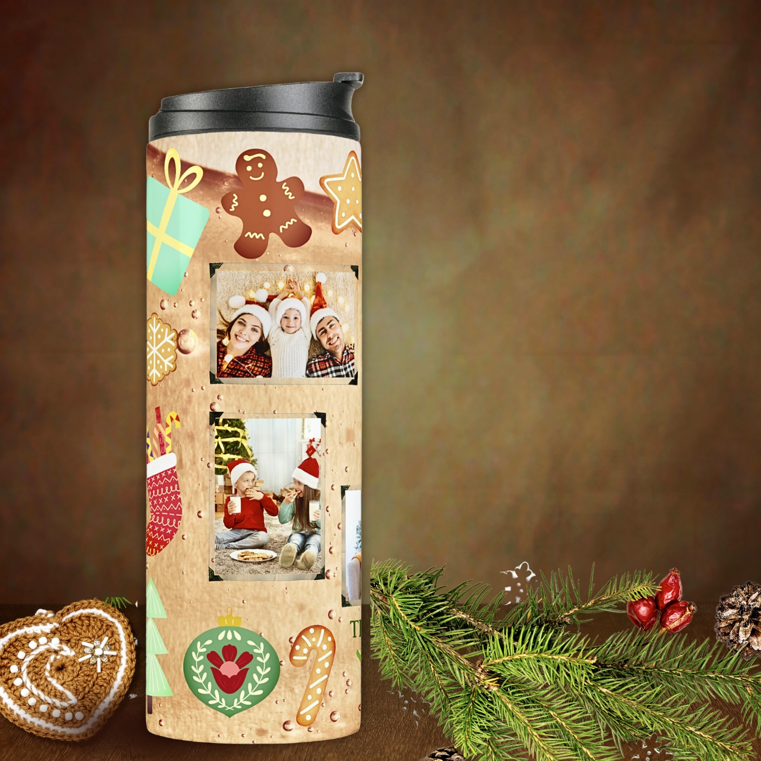 Thermal tumbler beige color with pictures and Christmas ornaments.