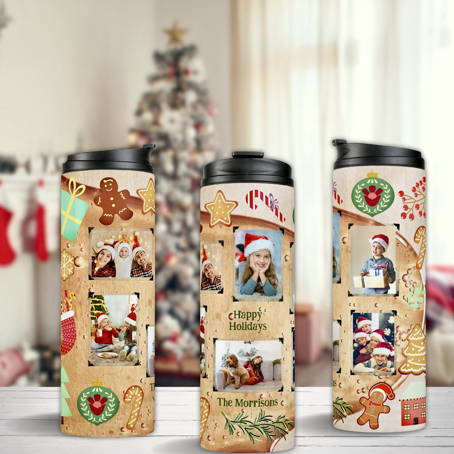 Three sided honey color thermal tumbler with six photo template and ginger cookies.