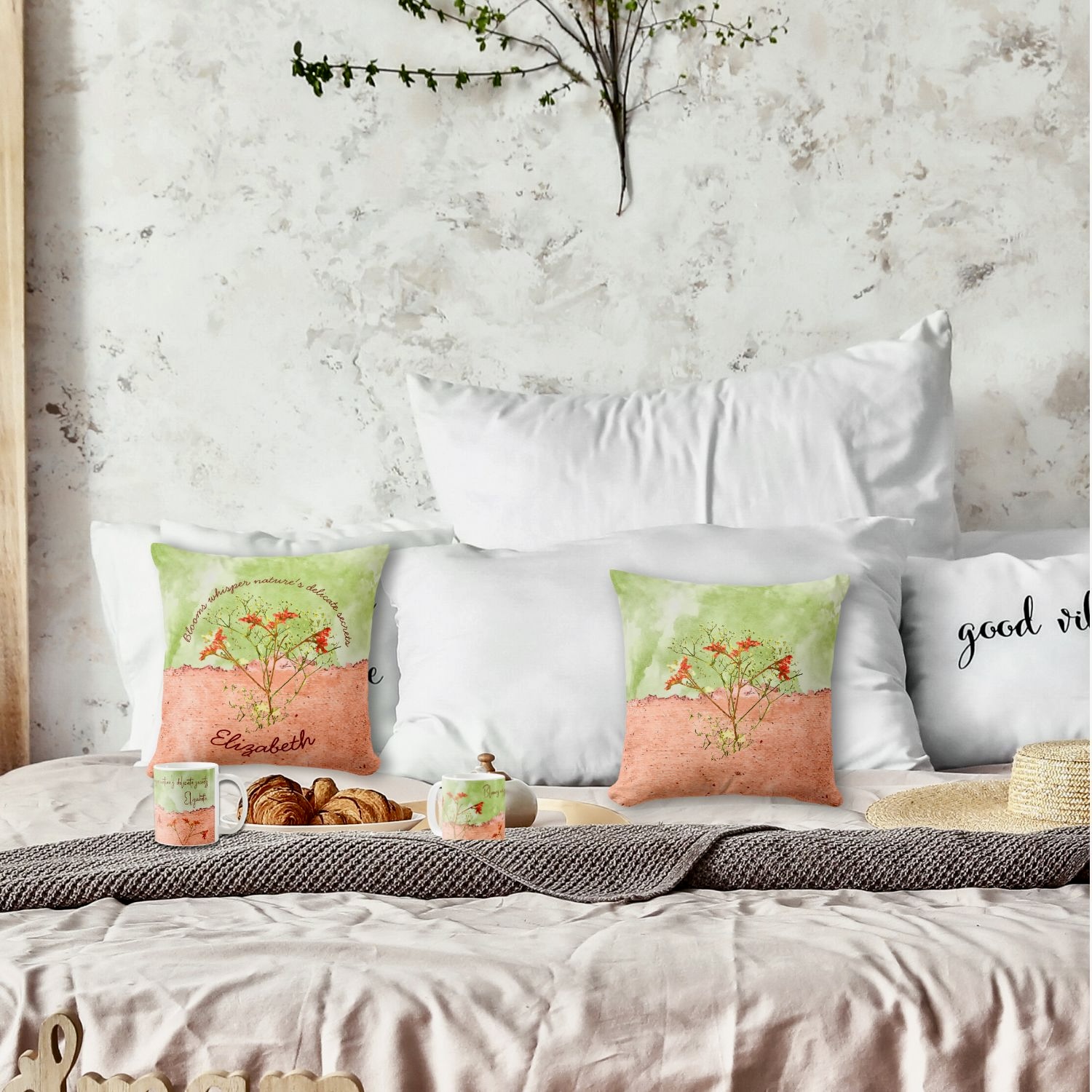 Bohemian pink flowers collage with delicate green foliage mug and pillow, both customizable with personalization option for special message and name