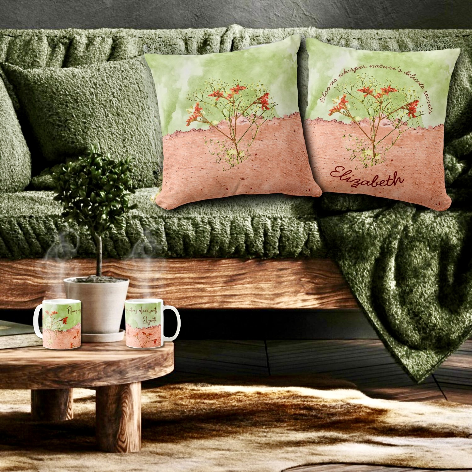 Bohemian pink floral collage on mug and pillow against a backdrop of washed-out light green and pastel coral, both customizable with personalization options.