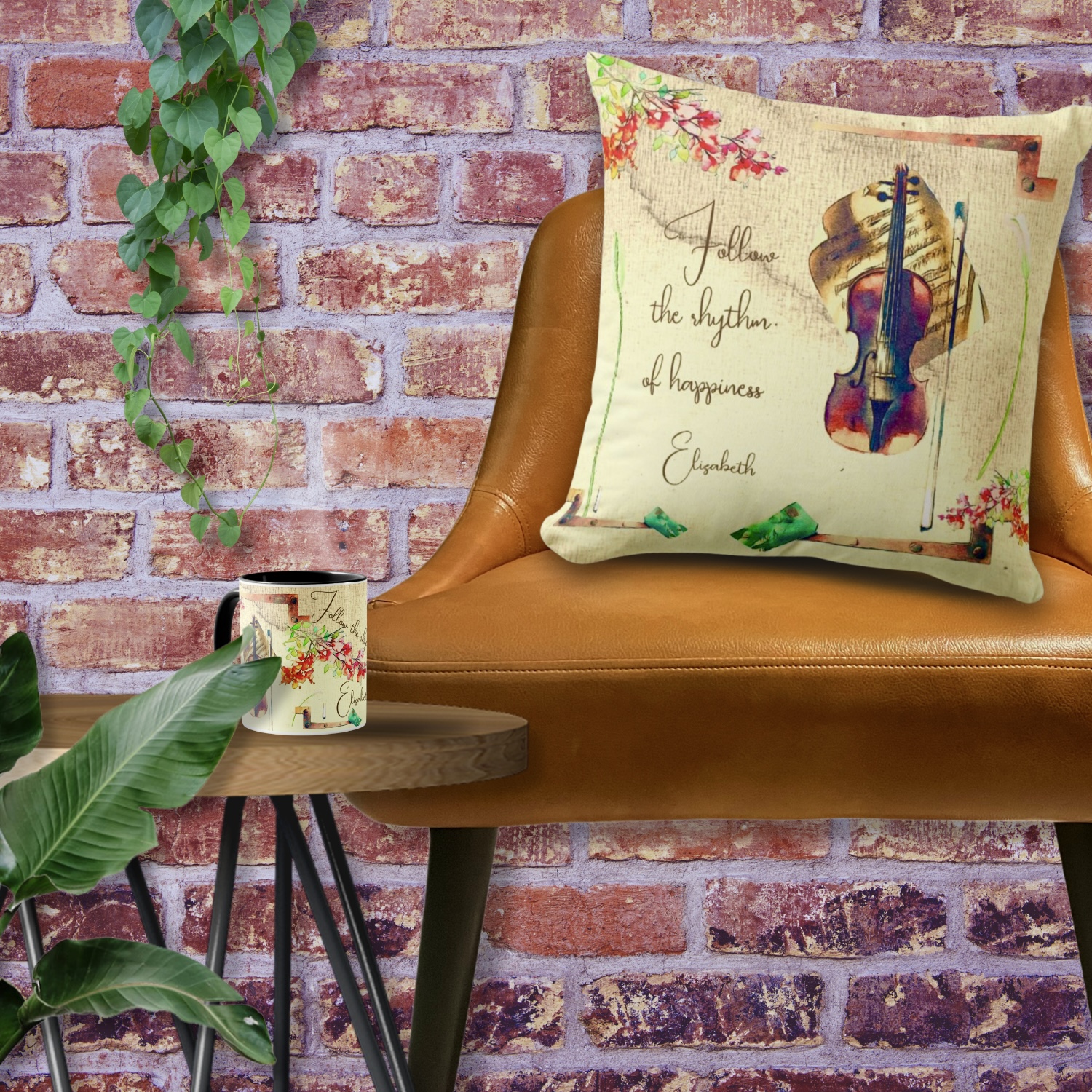 Mug and throw pillow adorned with boho violin flowers motif, offering customizable options for personalization.