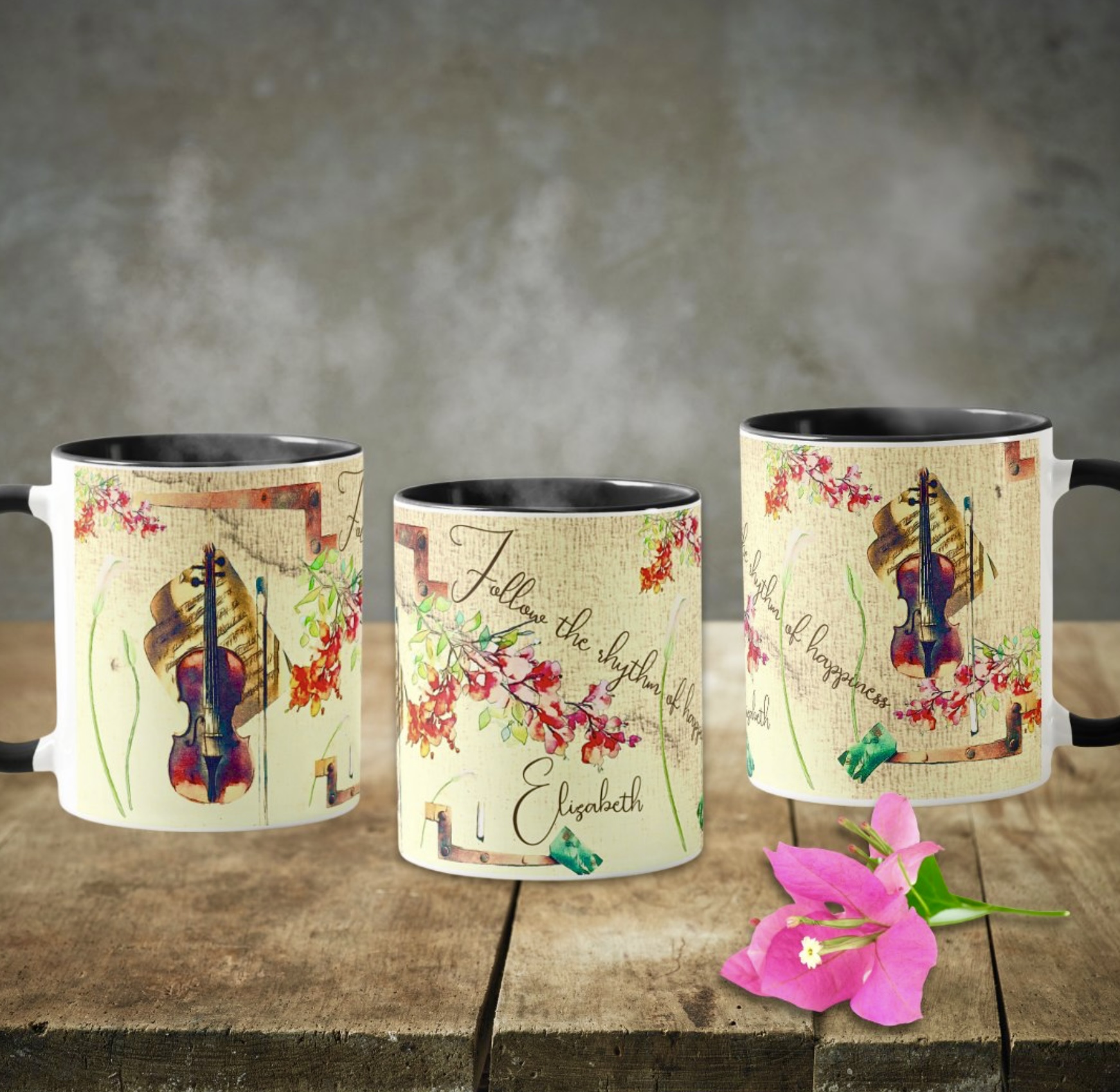 Boho violin flowers mug shown from three sides, with customizable options for personalization.