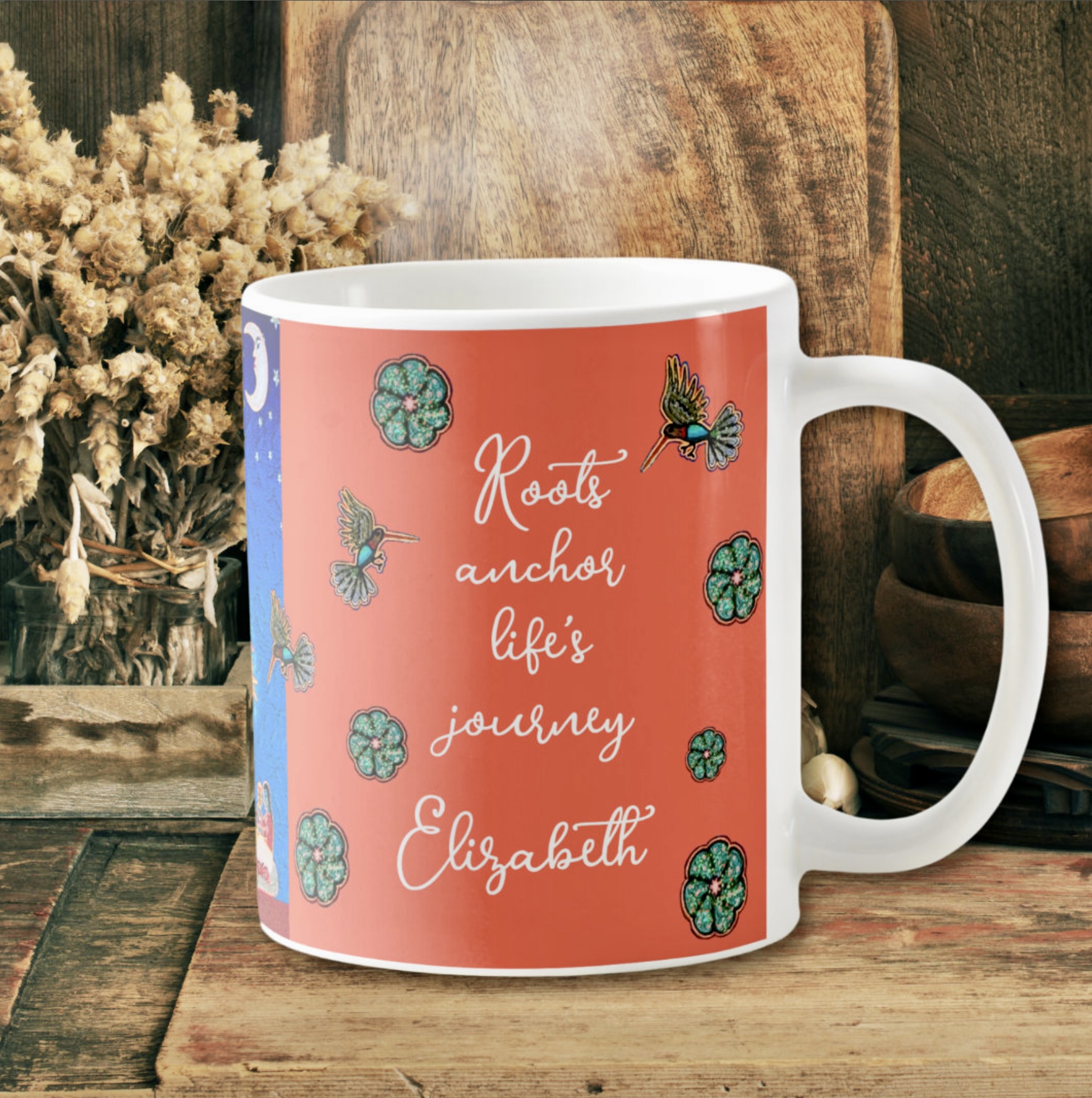 Coffee mug with inspirational message on a peach orange background, decorated with the tribal art motifs from the other side of the mug.