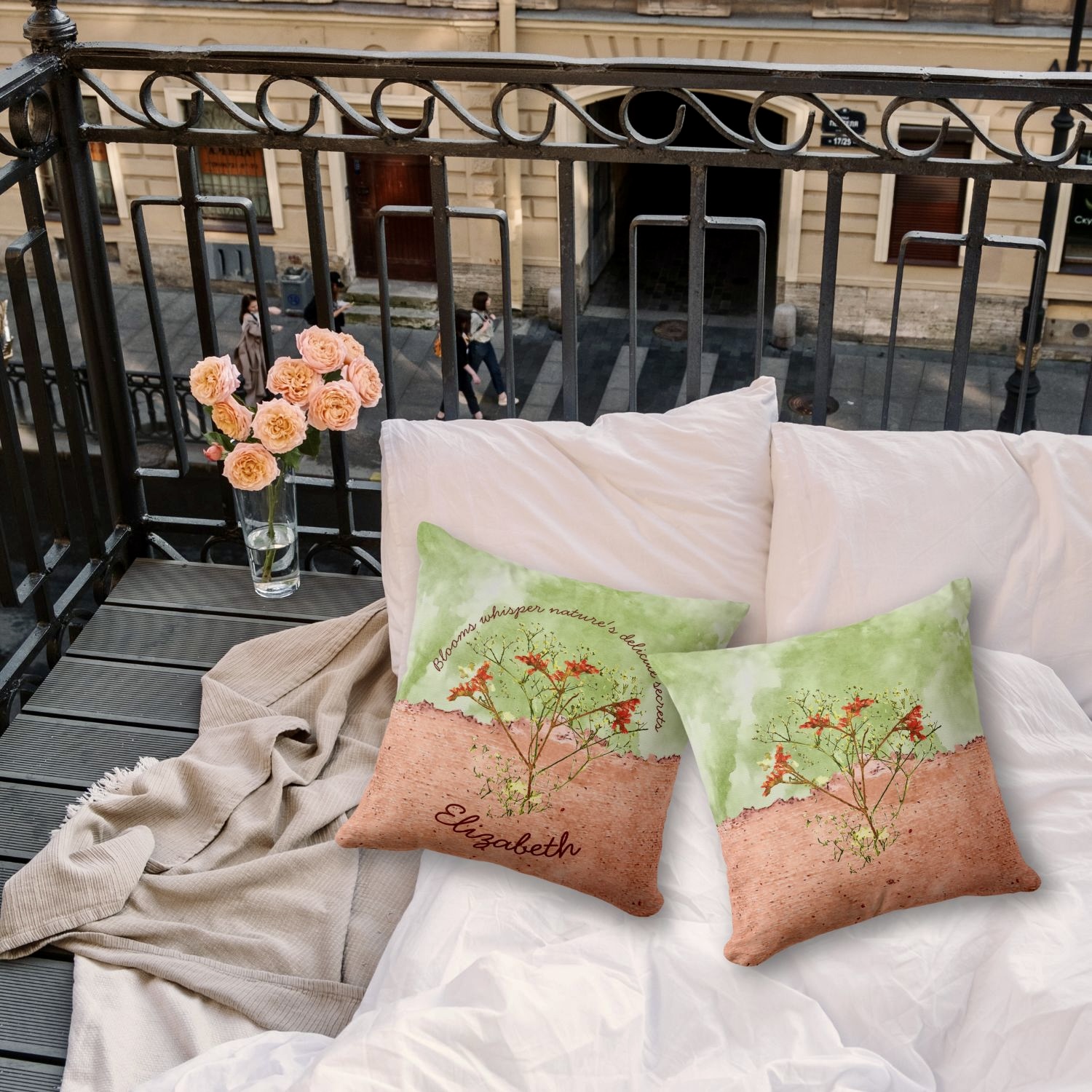 Back and front sides of bohemian throw pillow featuring a pink floral collage on a washed-out light green and pastel coral background.