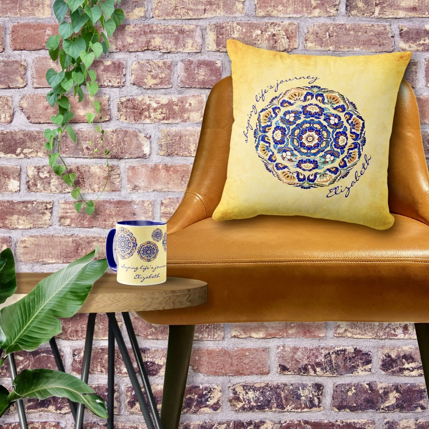 Boho vintage blue and orange floral throw pillow, customizable with name and special message.