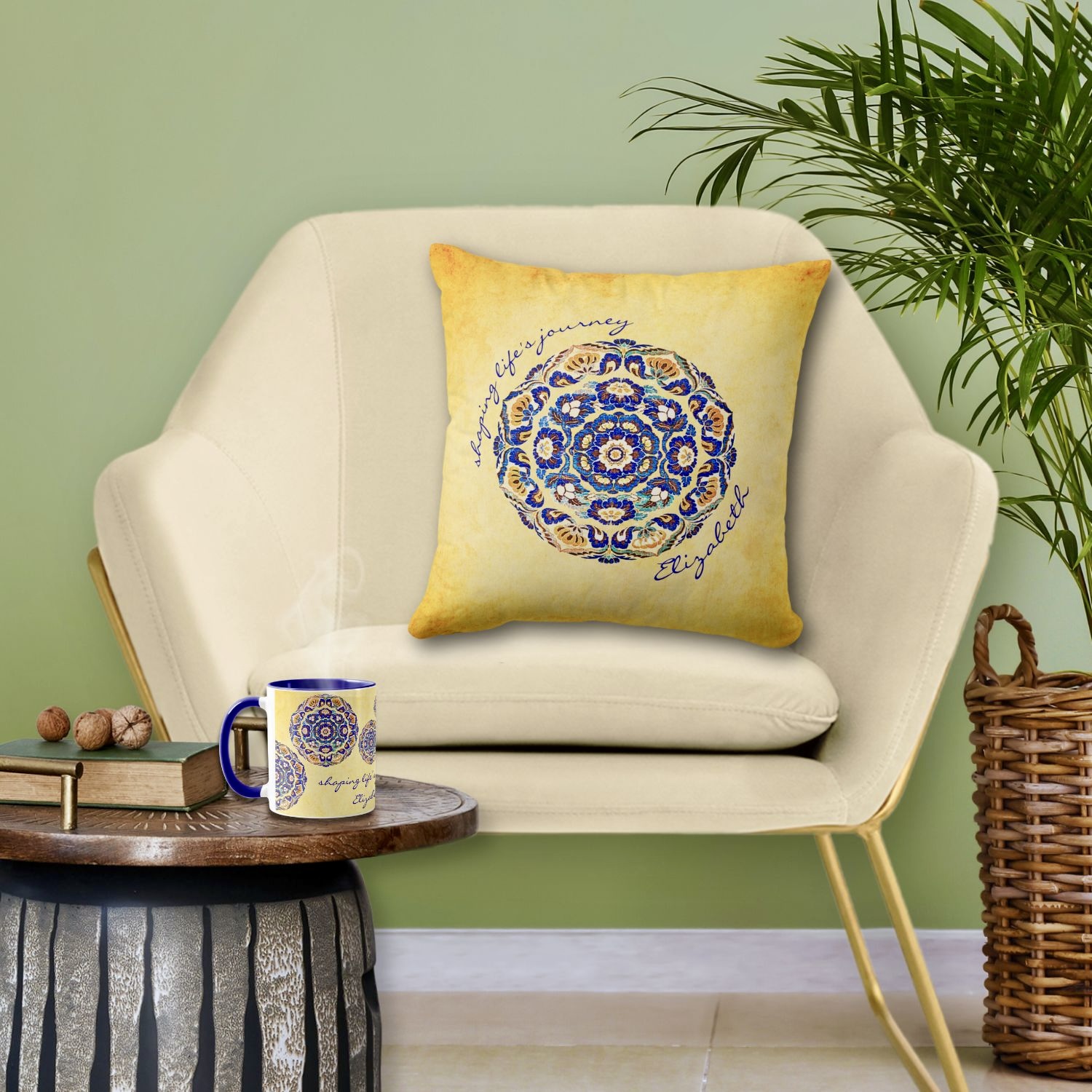 Boho vintage blue and orange floral throw pillow and an elegant mug, both customizable with name and special message, against a backdrop of yellow hues.