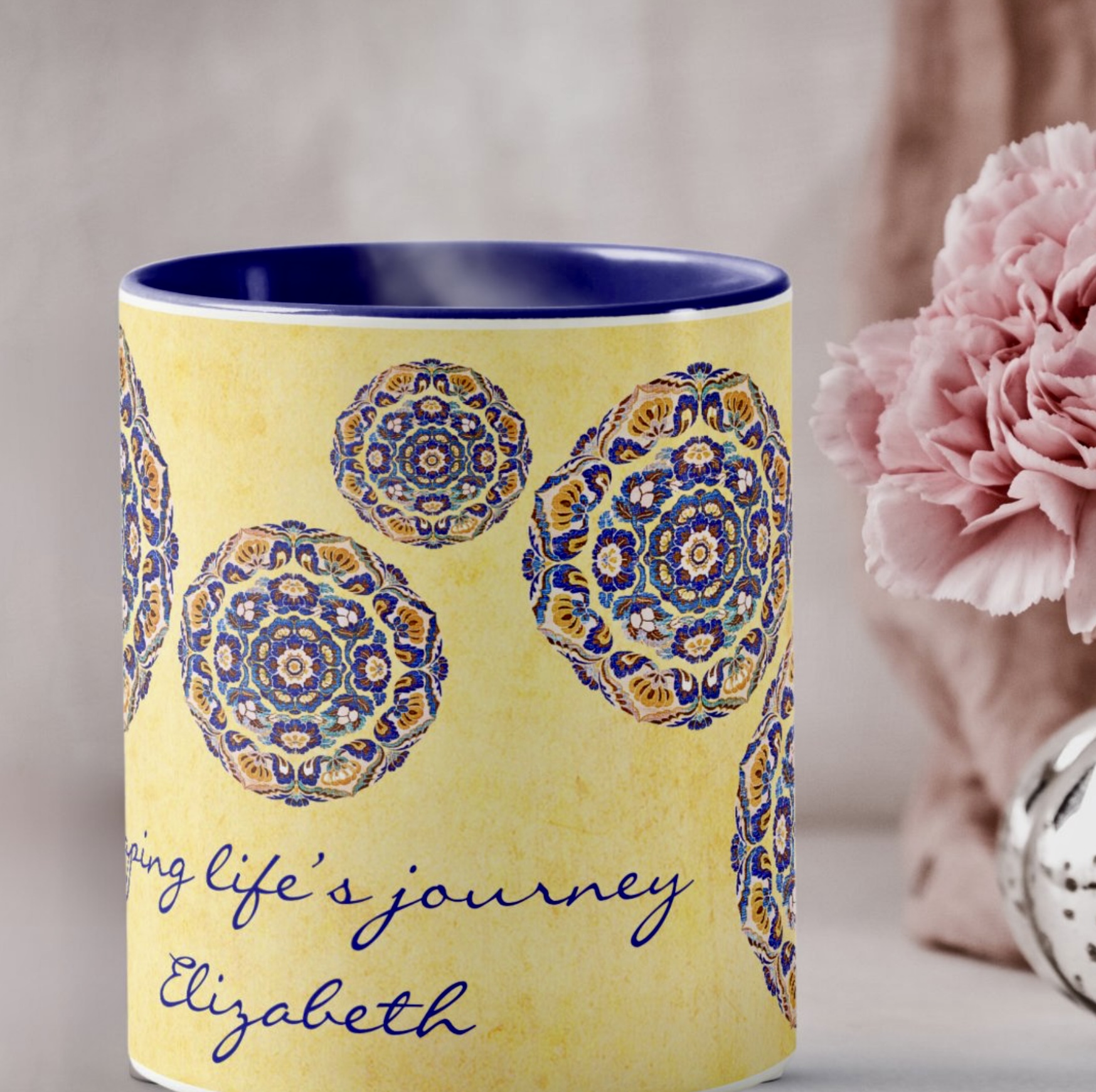 Boho vintage blue and orange floral mug against a soft yellow backdrop. Customizable with a name and special message.