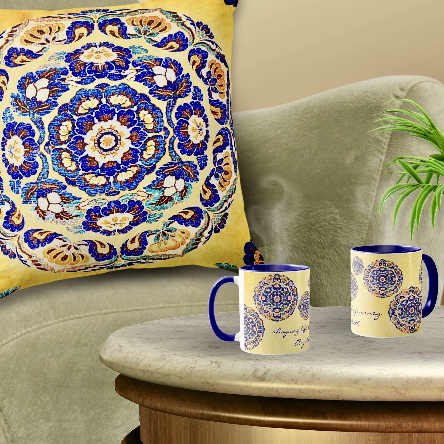 Boho Vintage Blue and Orange Floral Throw Pillow and an elegant mug displayed against a backdrop of soft yellow hues. Both items are customizable with a name and special message.