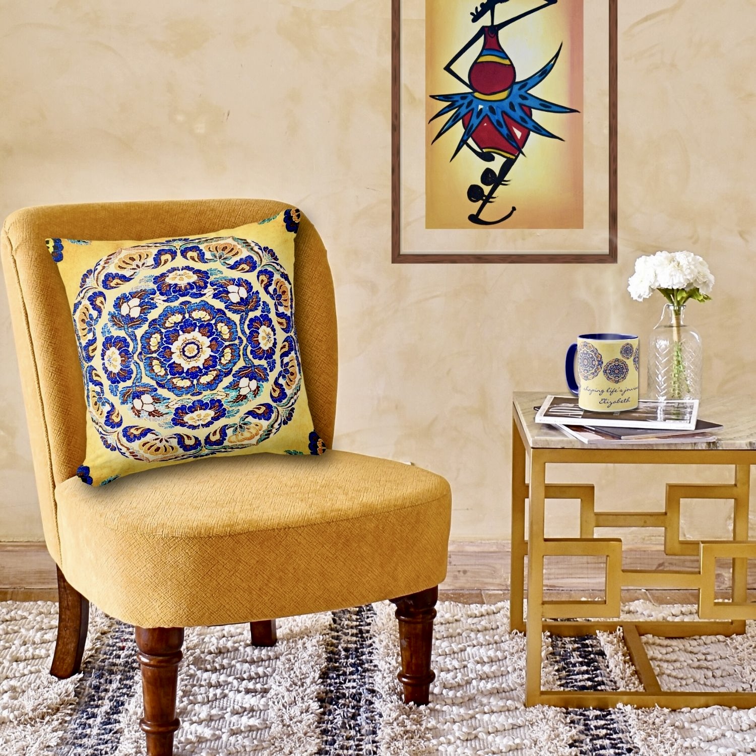 Boho Vintage Blue And Orange Floral Throw Pillow against a backdrop of yellow hues, with an exquisite mug nearby. Both the pillow and mug are personalizable with a name and special message