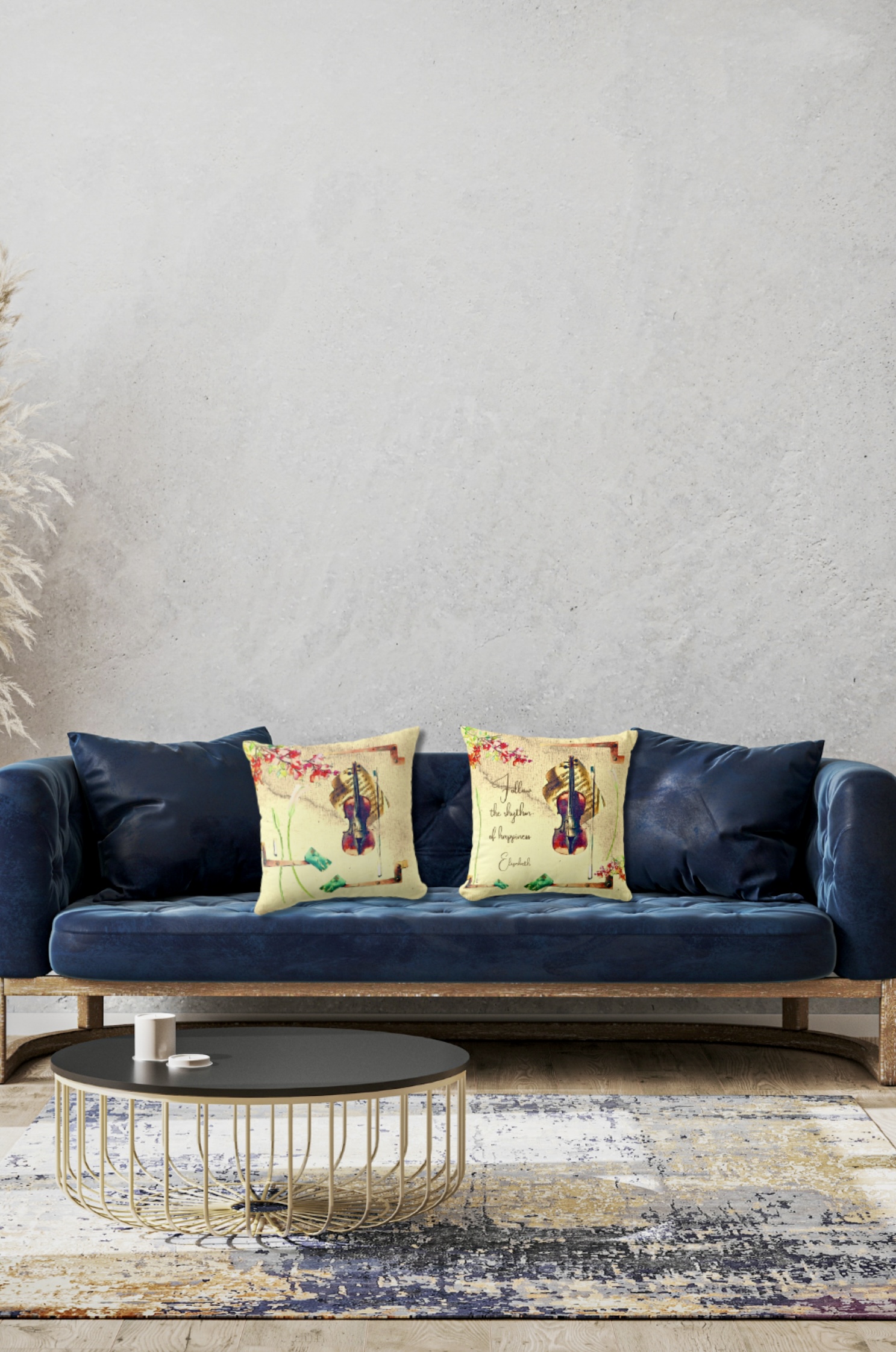 Two double sided throw pillows with vintage violin image on a beige washed out background, decorated with bougainvilleas