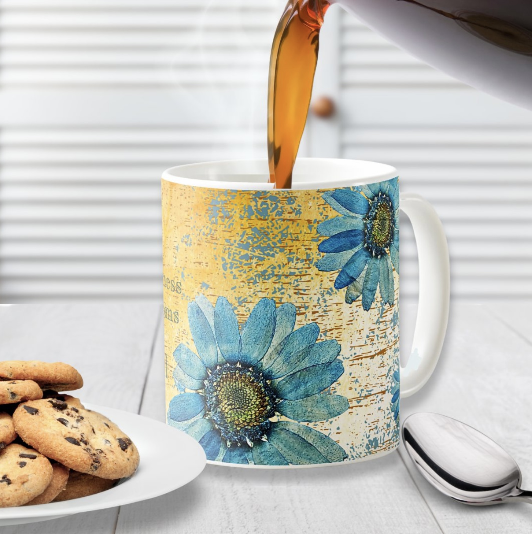 Bohemian-inspired dried blue daisies on ochre surface flowers mug, featuring customizable inspirational message and personal name option.