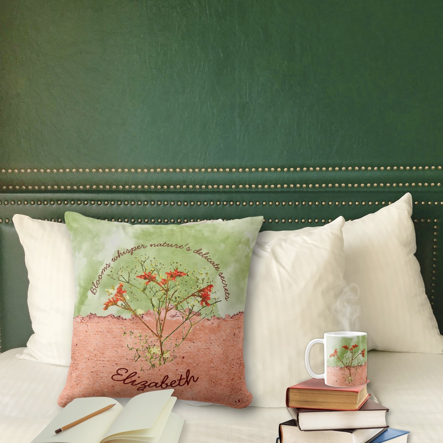 Bohemian throw pillow and coordinating mug featuring a pink floral collage against a washed-out light green and pastel coral background.