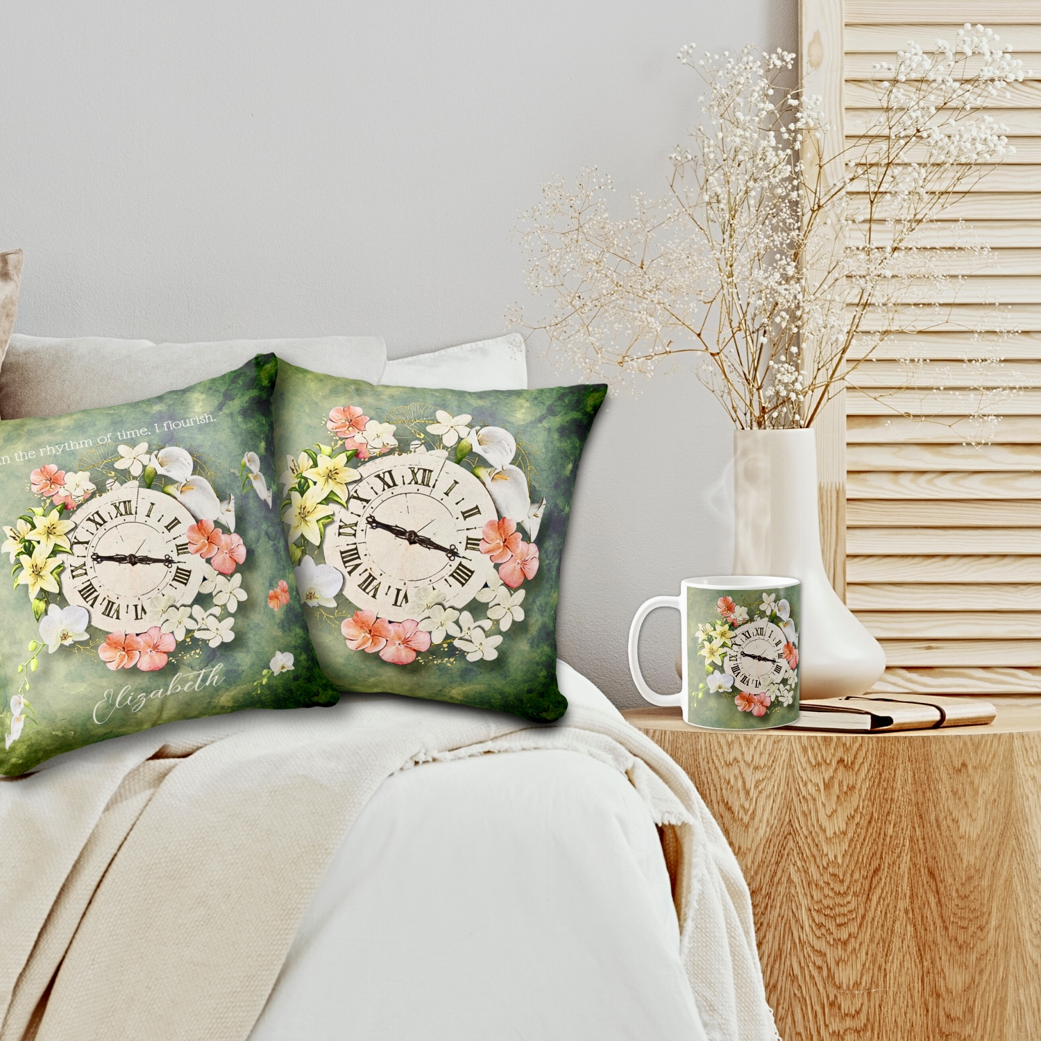 Flowers and Time Throw Pillow and Mug displayed in a fresh boho decor, adding a vibrant and eclectic touch to the space.