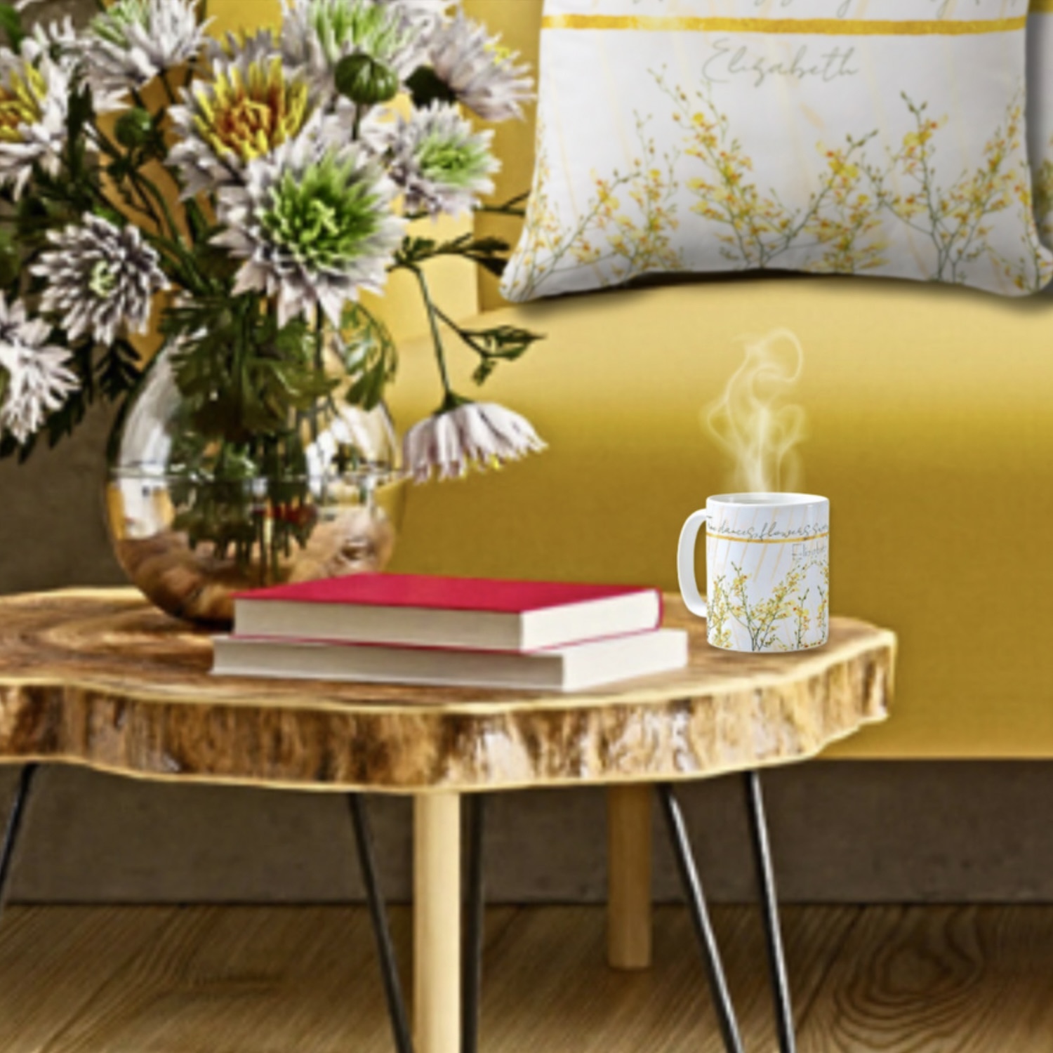 Golden flowers mug and pillow in a living room set, with yellow couch. Romantic setting for nostalgic mug and pillow designs.