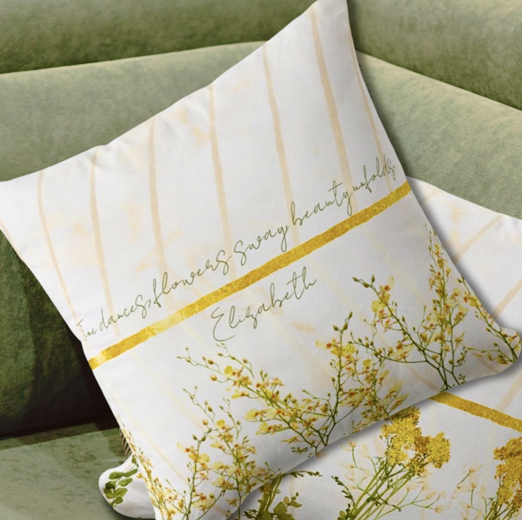 Golden Wildflowers-themed mug and throw pillow set featuring intricate floral designs, offering a personalized touch with customizable name and message options. Ideal for adding meaningful self-expression to home decor.