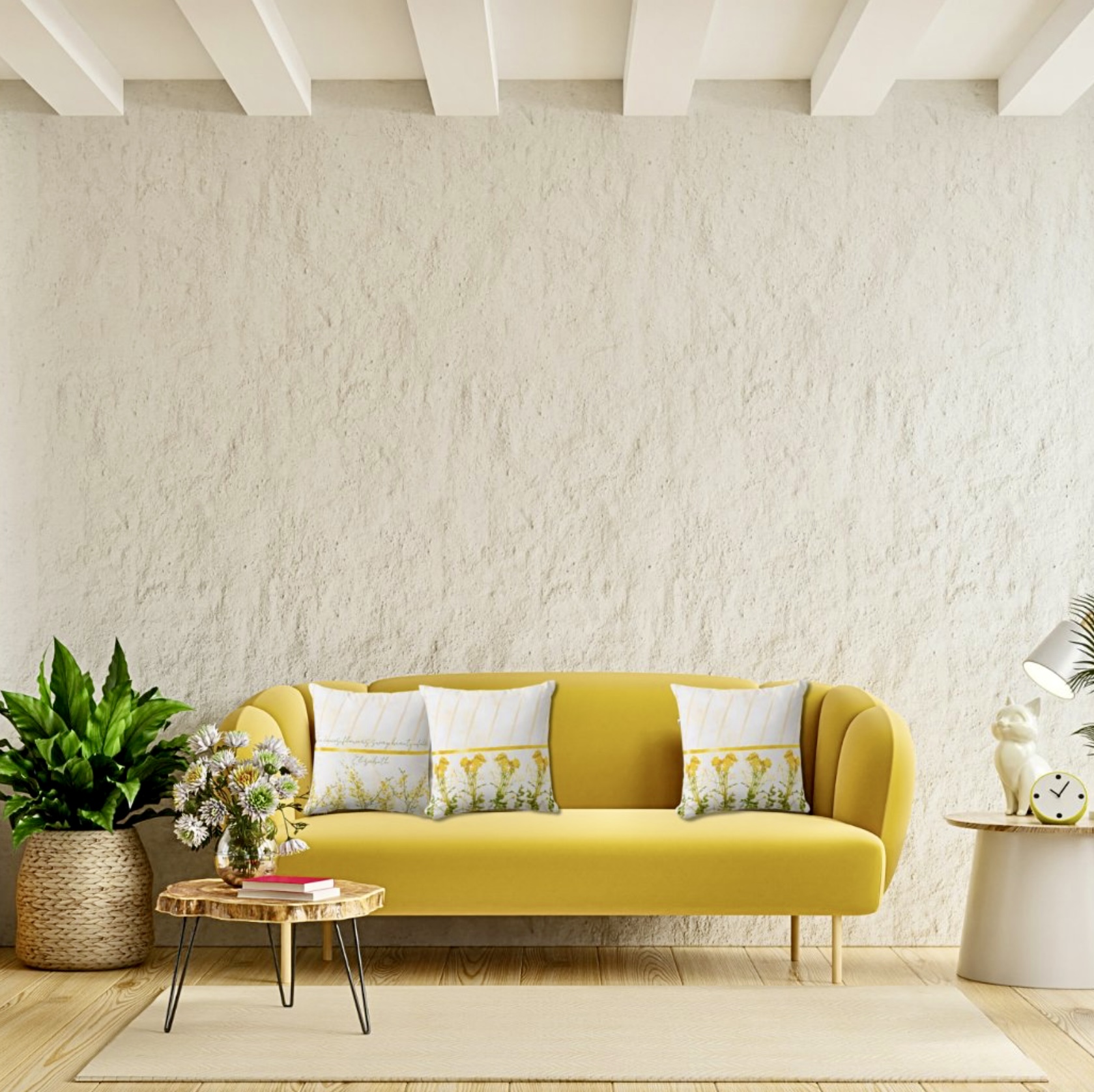 A vibrant Golden Wildflowers throw pillow set displayed against a contrasting bright yellow sofa, featuring intricate floral patterns and customizable options for personal messages and names, adding unique flair to home decor.