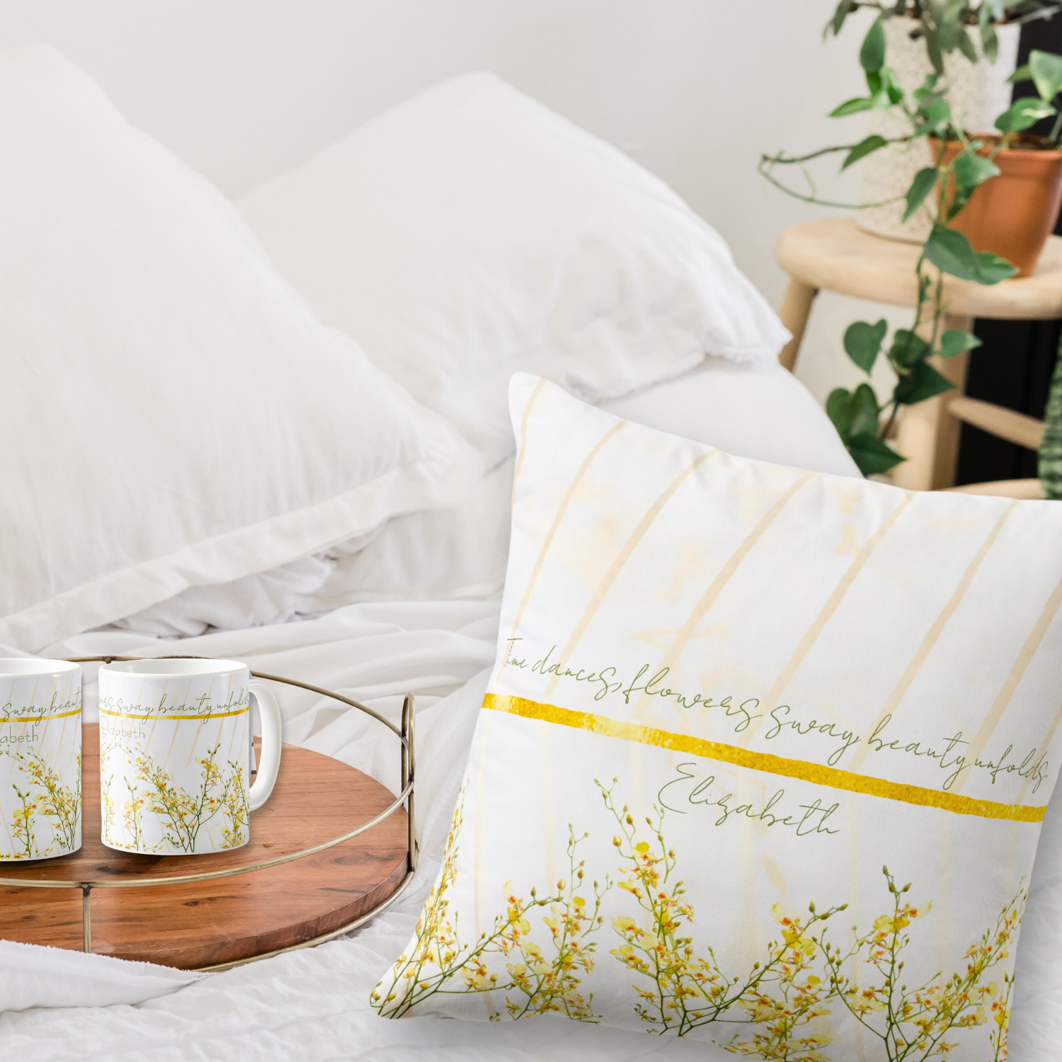 A close-up view of a golden wildflowers-themed mug and throw pillow, showcasing intricate floral designs for a personalized touch. Perfect for adding beauty, meaning, and self-expression to your home decor.