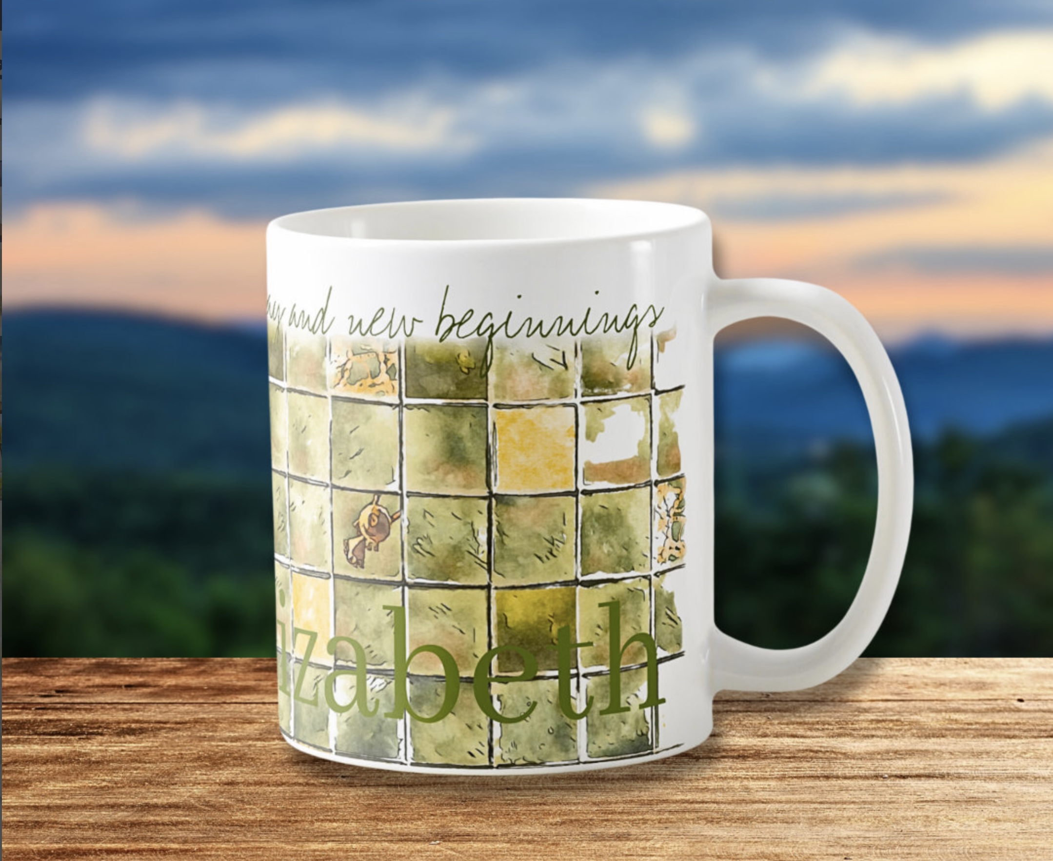 Green and yellow daffodils water color illustration on a coffee mug with inspirational quote that says Unveil the magic of a new day and new beginnings.