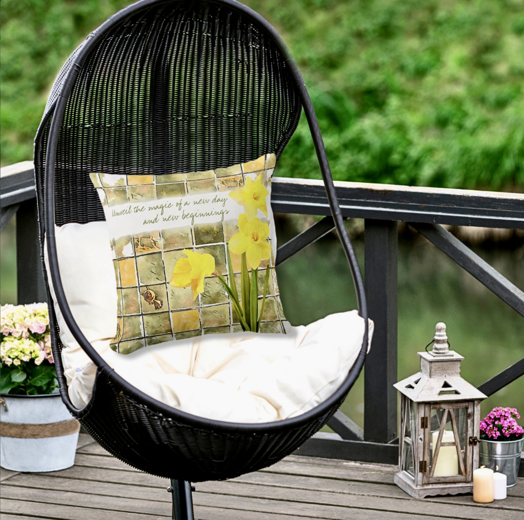 Decorative throw pillow with daffodils watercolor illustration on a washed out surface in soft yellows and green tones. Includes this inspirational message Unveil the magic of a new day and new beginnings.