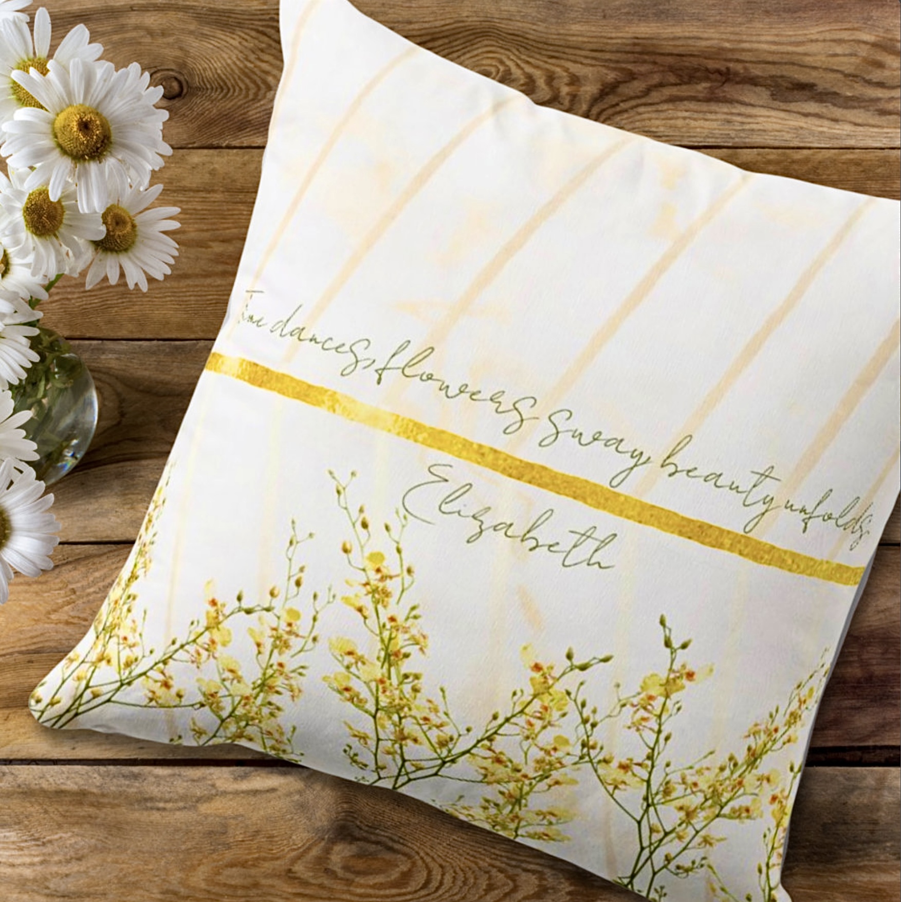 Inspirational Golden Wildflower Throw Pillow with diagonal golden ribbons.