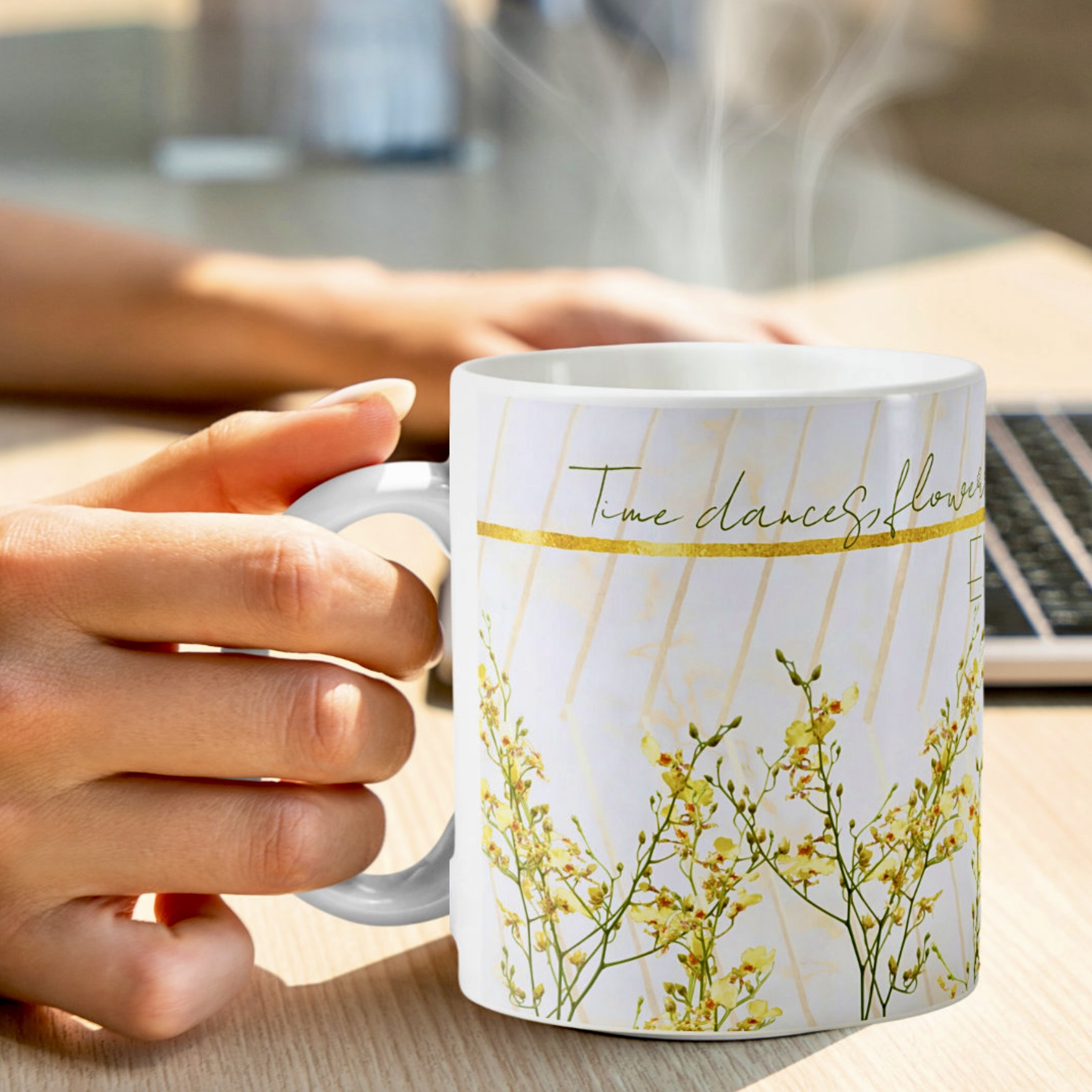 Inspirational wildflowers coffee mug with diagonal golden ribbons. Romantic design.