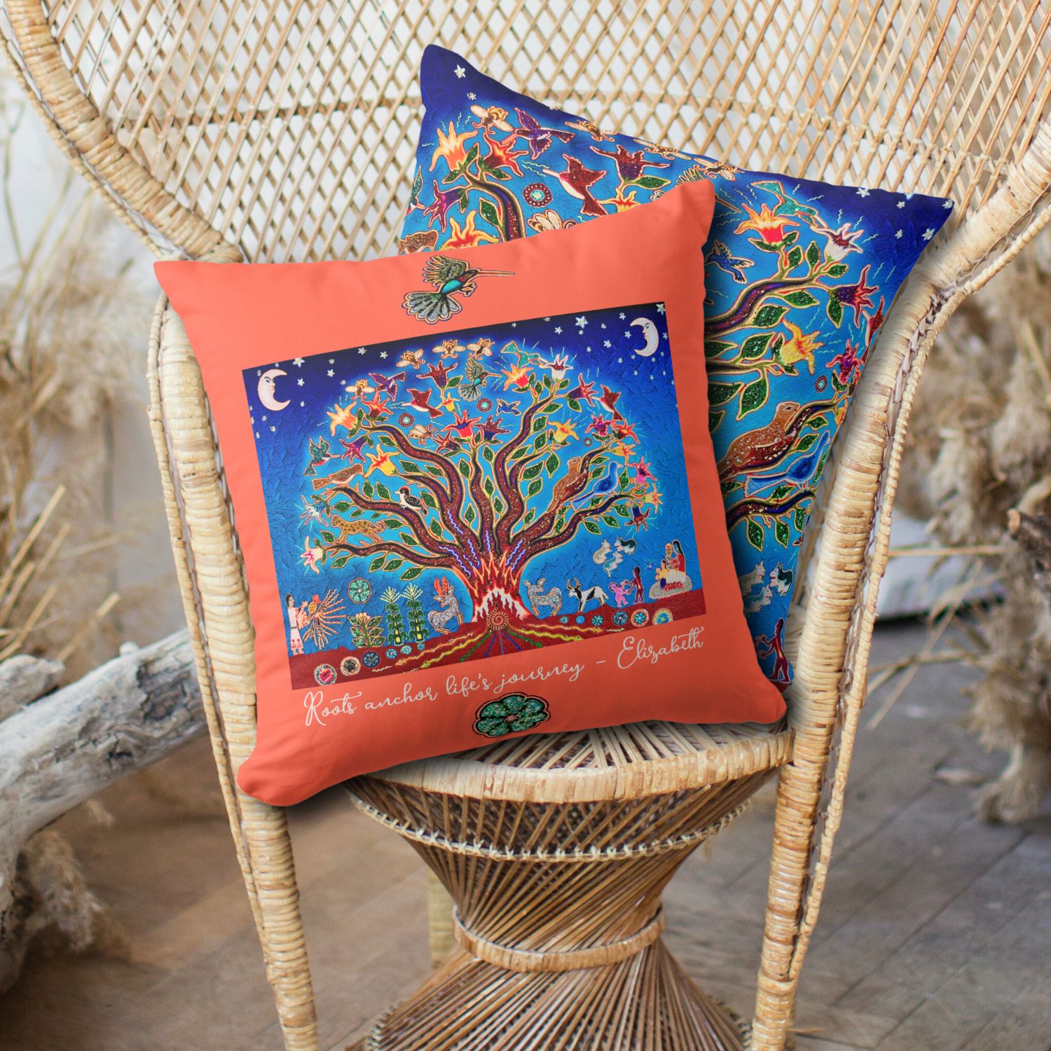 Two throw pillows, one with smaller Tree of Life and inspirational message on a vibrant peach background, and the other one with Tree of Life covering whole surface. They are two sides of a double sided pillow.