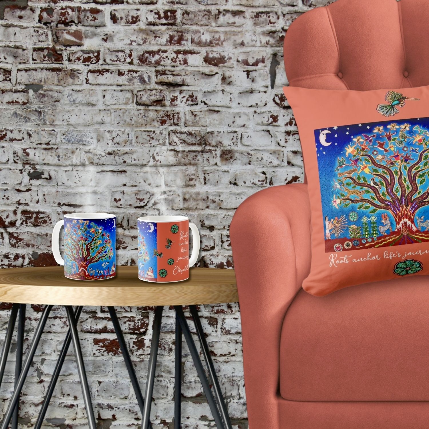 Bohemian-style mug and pillow featuring a mystical Tree of Life design.